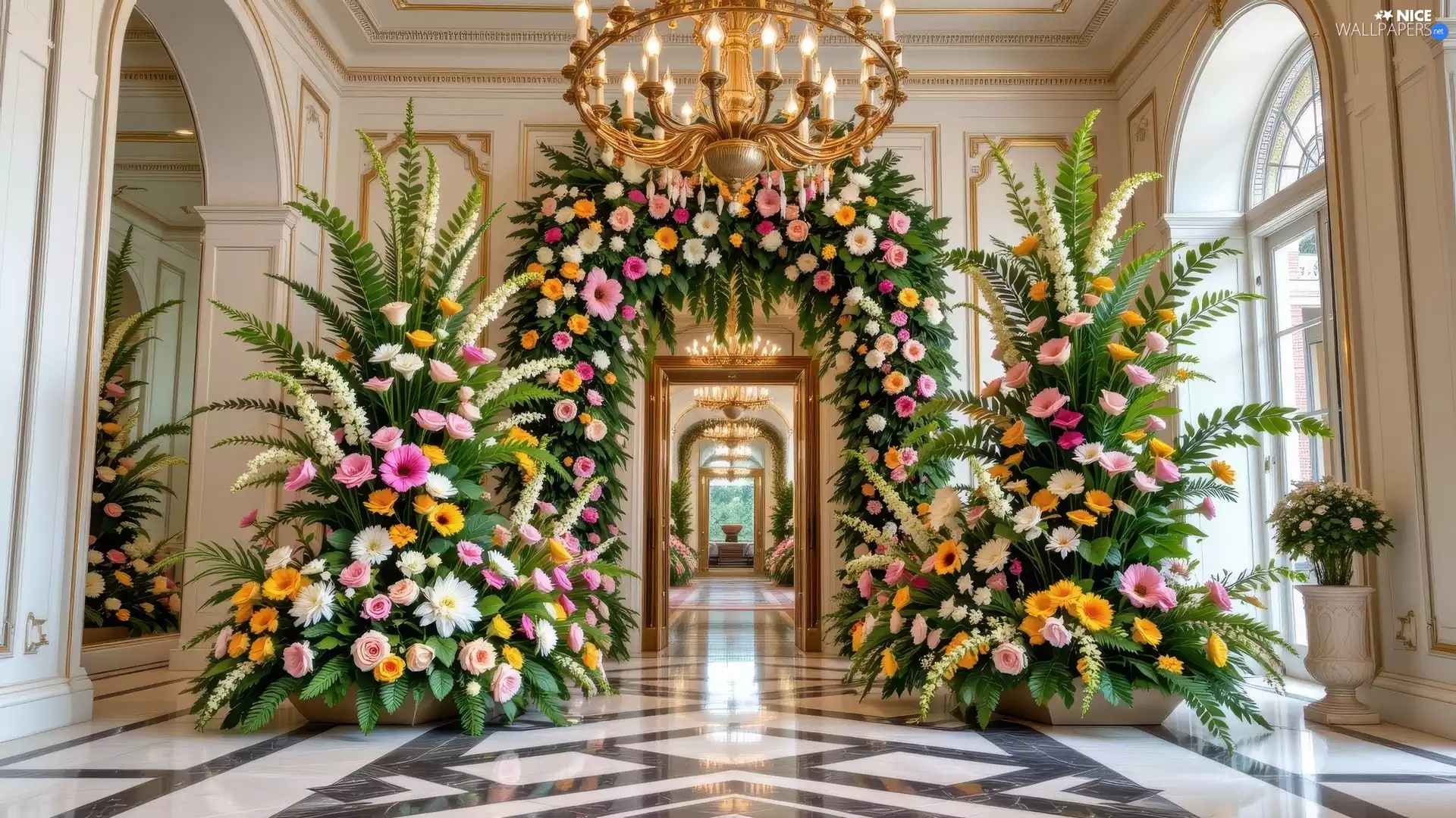 Bouquets, interior, Flowers, girandole, color, hall