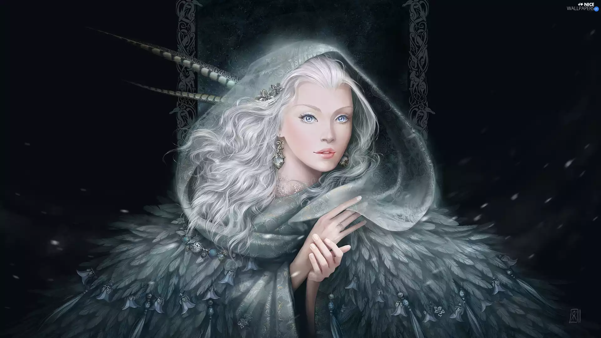 girl, graphics, White, Hair, cape, feather, Eyes, hood, Blue