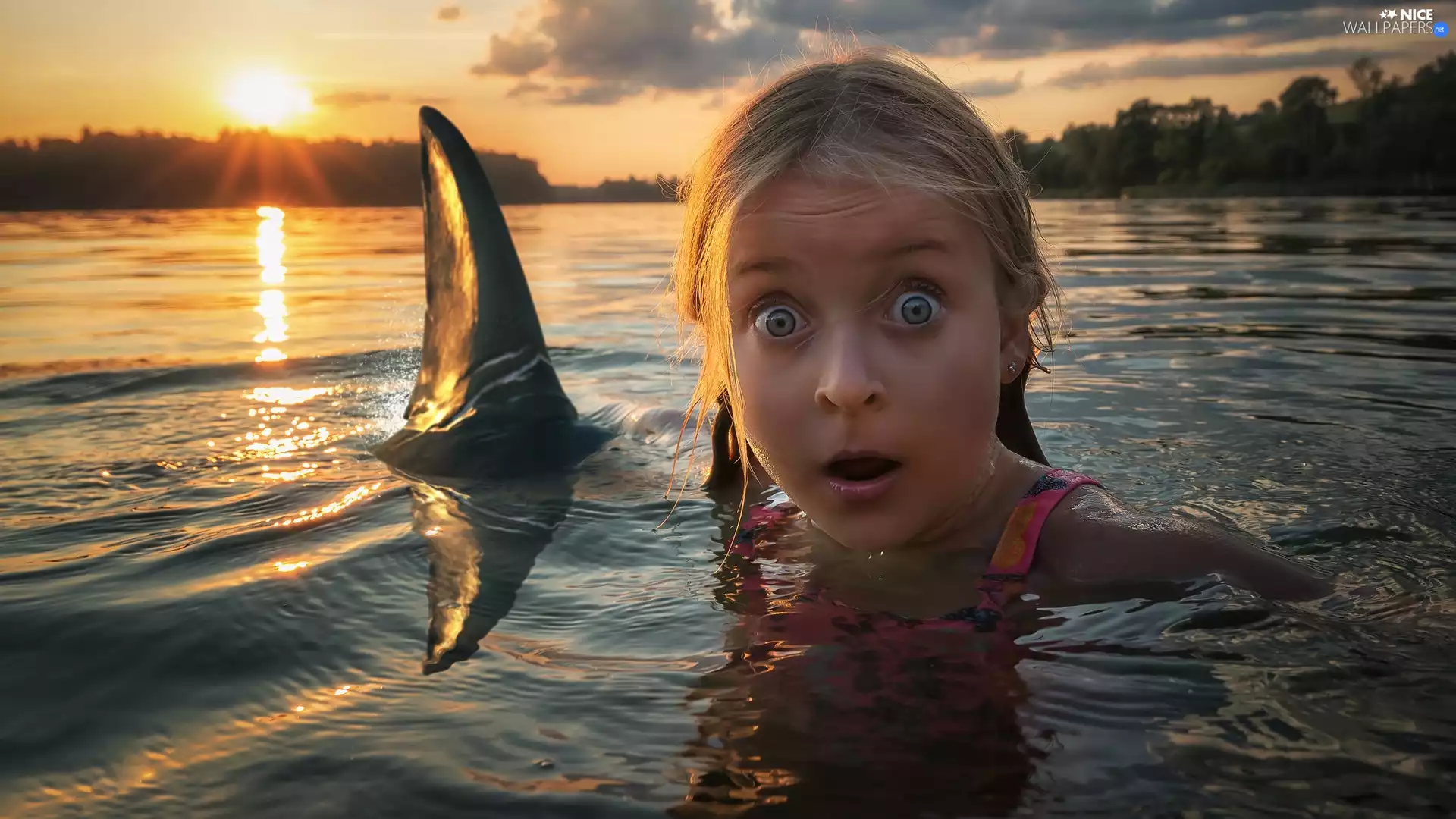 lake, girl, flipper, Great Sunsets