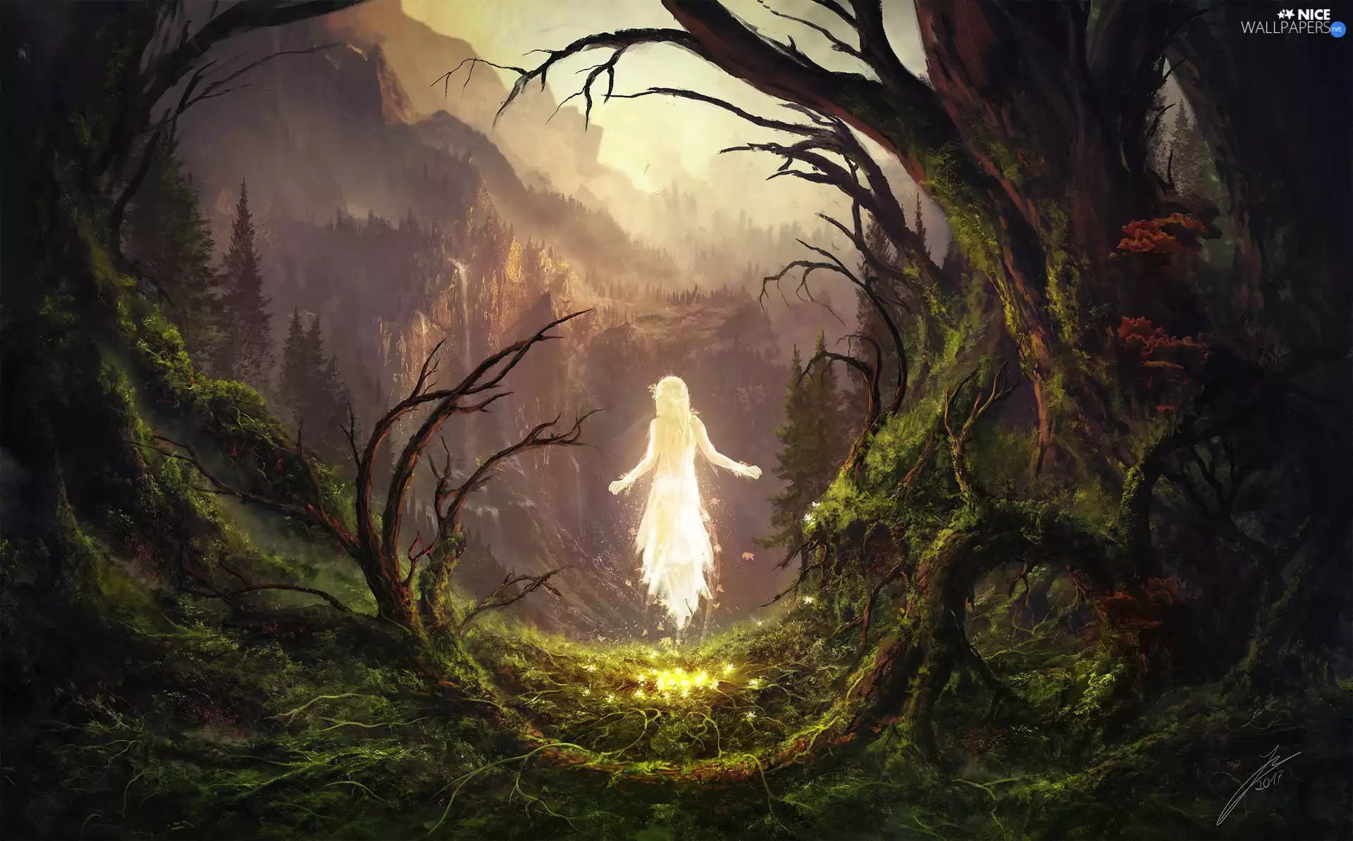 trees, fantasy, Mountains, girl, viewes, forest