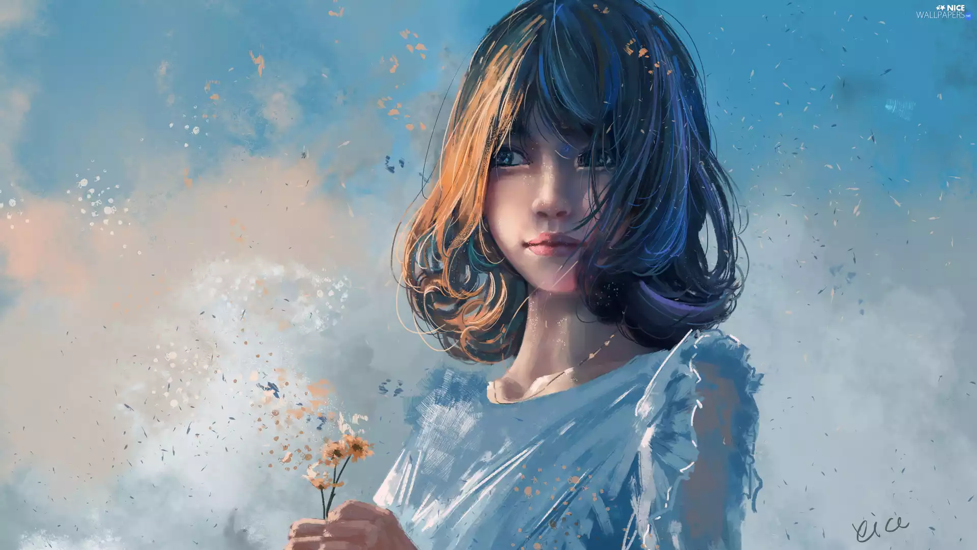 graphics, Blue, Blouse, girl