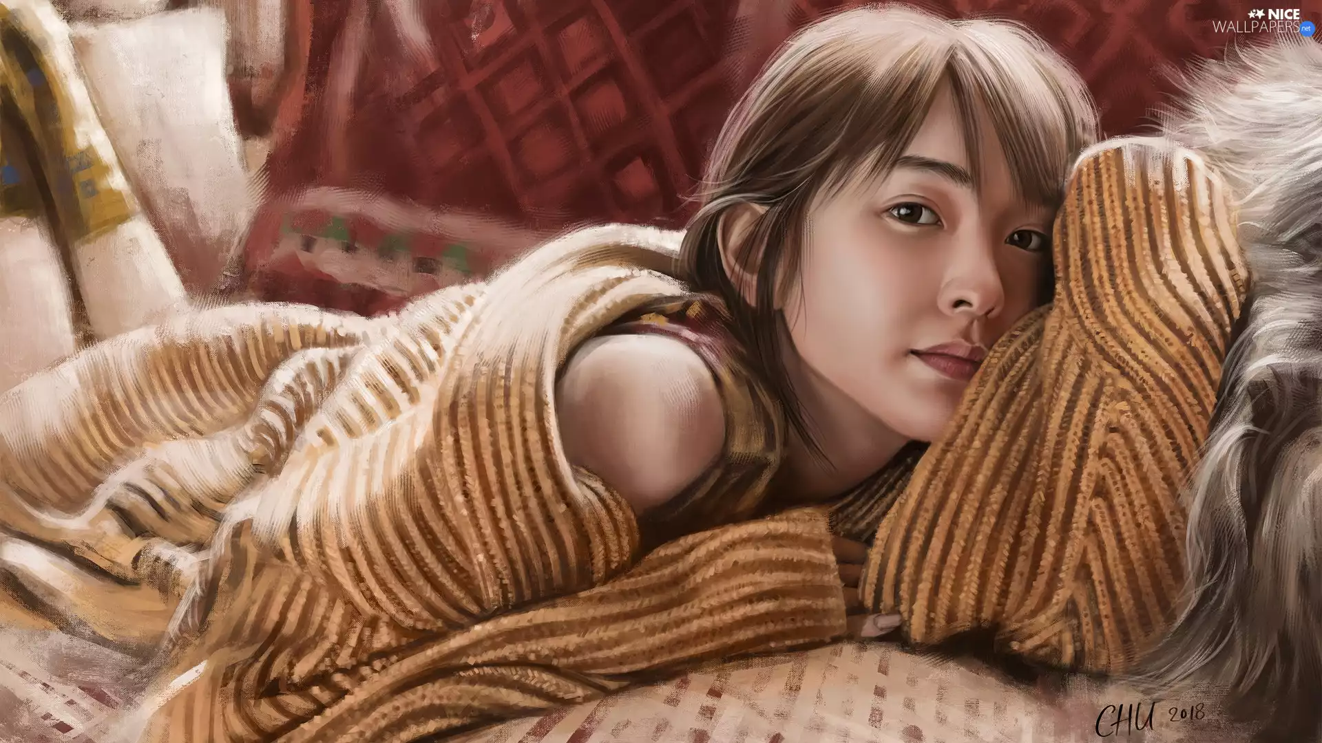 graphics, sweater, Sofa, girl