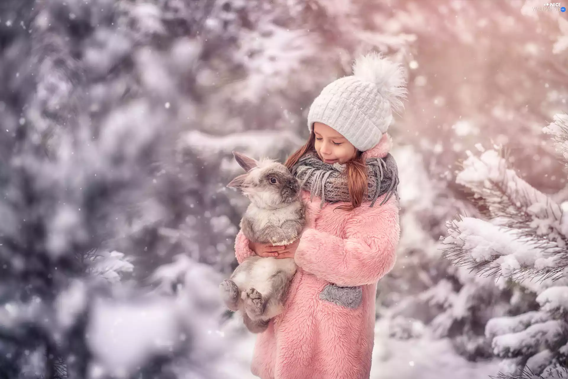 Kid, Rabbit, winter, girl
