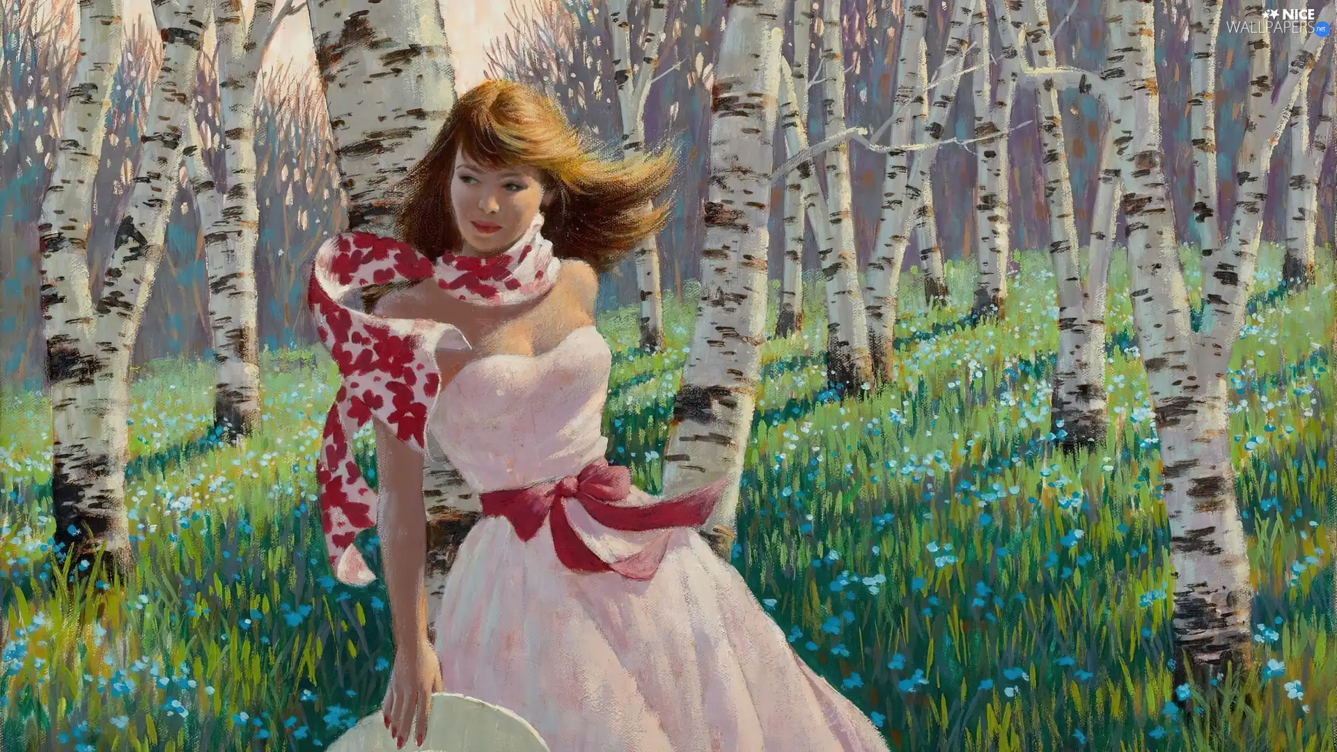picture, Flowers, girl, birch