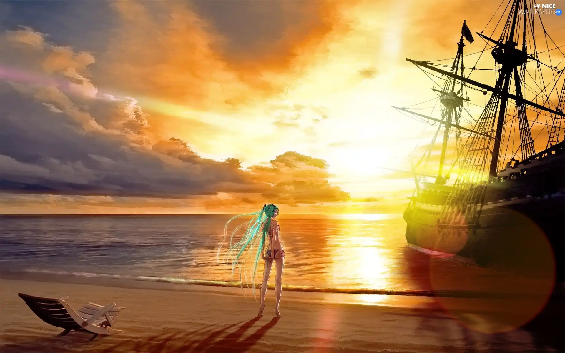 girl, Ship, west, sun, sea