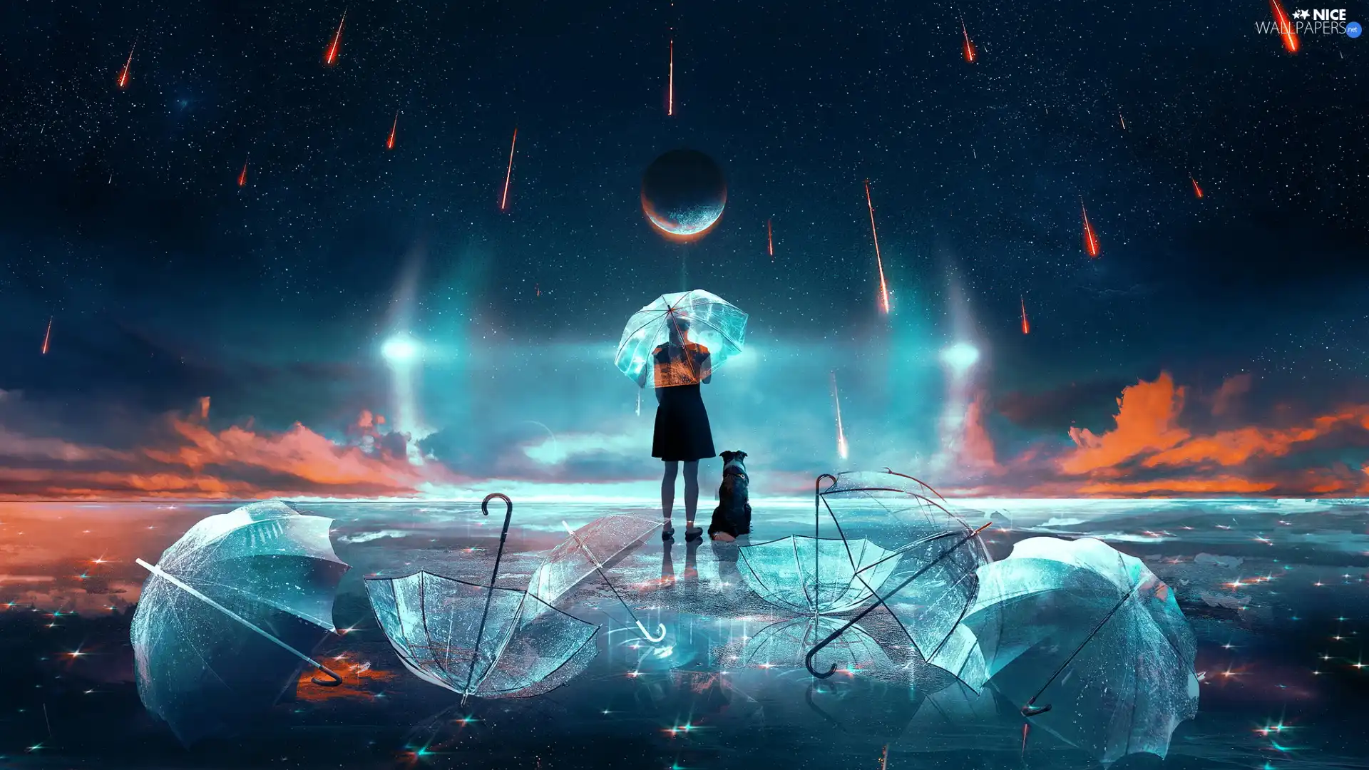 moon, Falling, umbrellas, meteorites, dog, Sky, graphics, girl