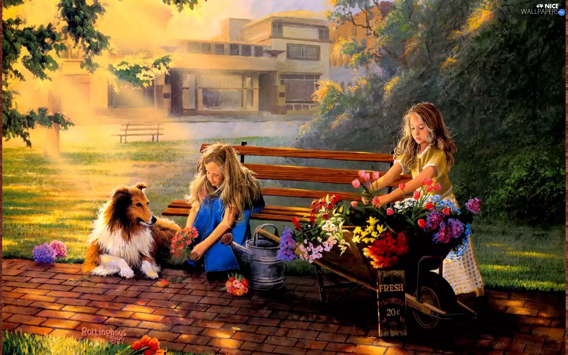 girls, Flowers, David Rottinghaus, sheep-dog, Longhaired, Two, Kids, Scotch
