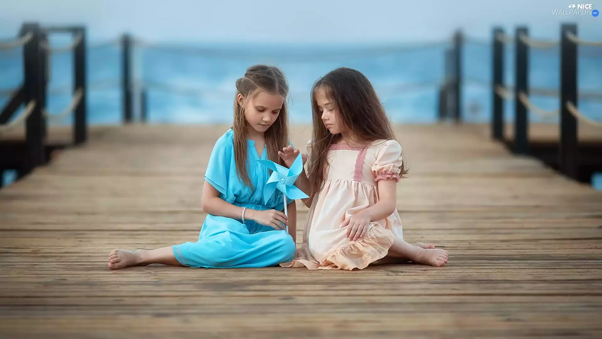 Kids, pier, Pinwheel, girls