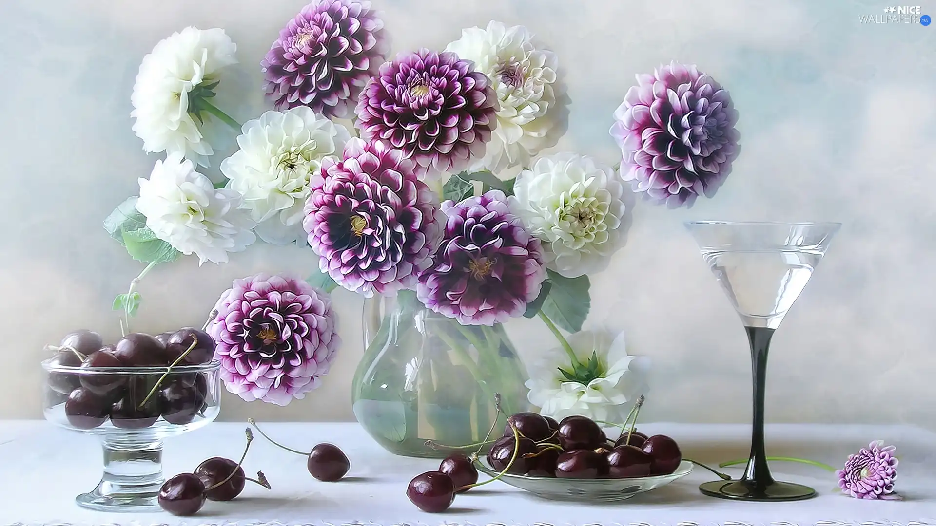 beatyfull, cherries, glass, dahlias