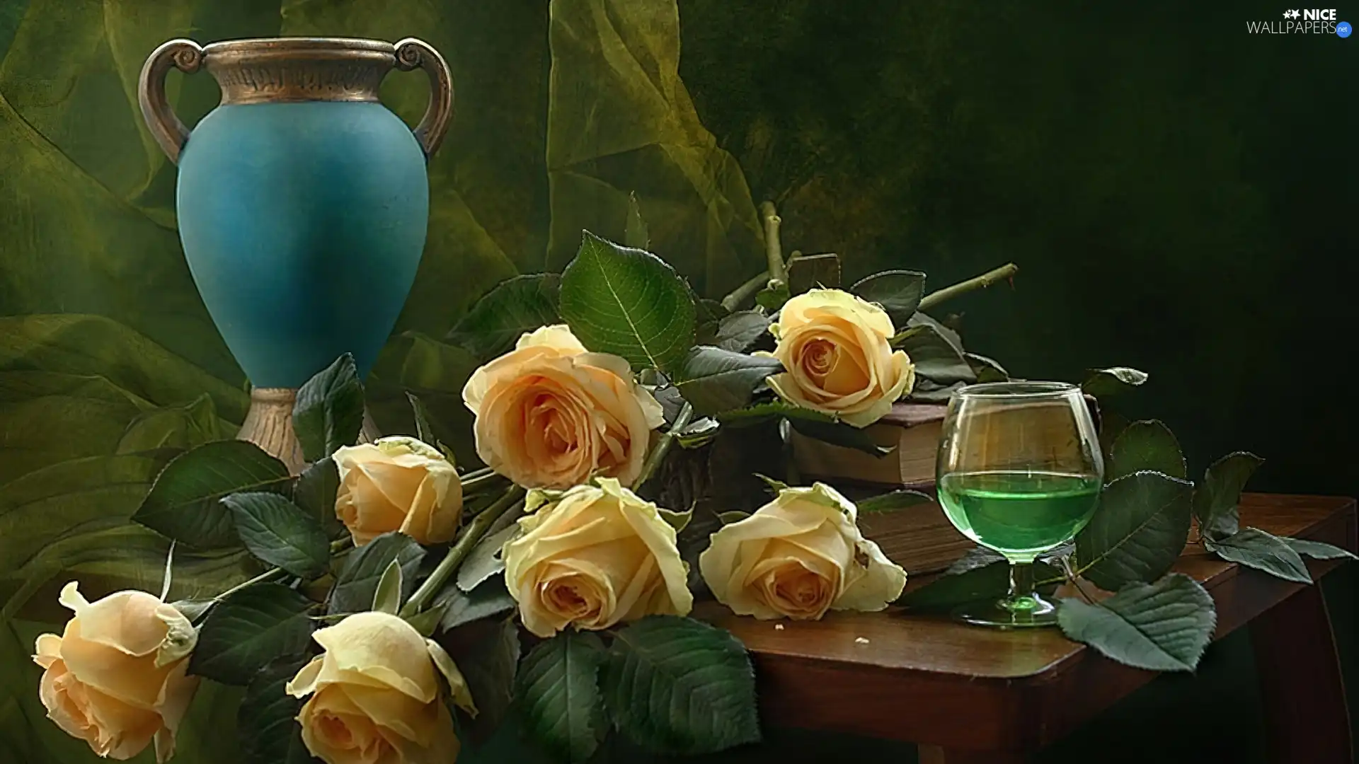 blue, roses, glass, pitcher