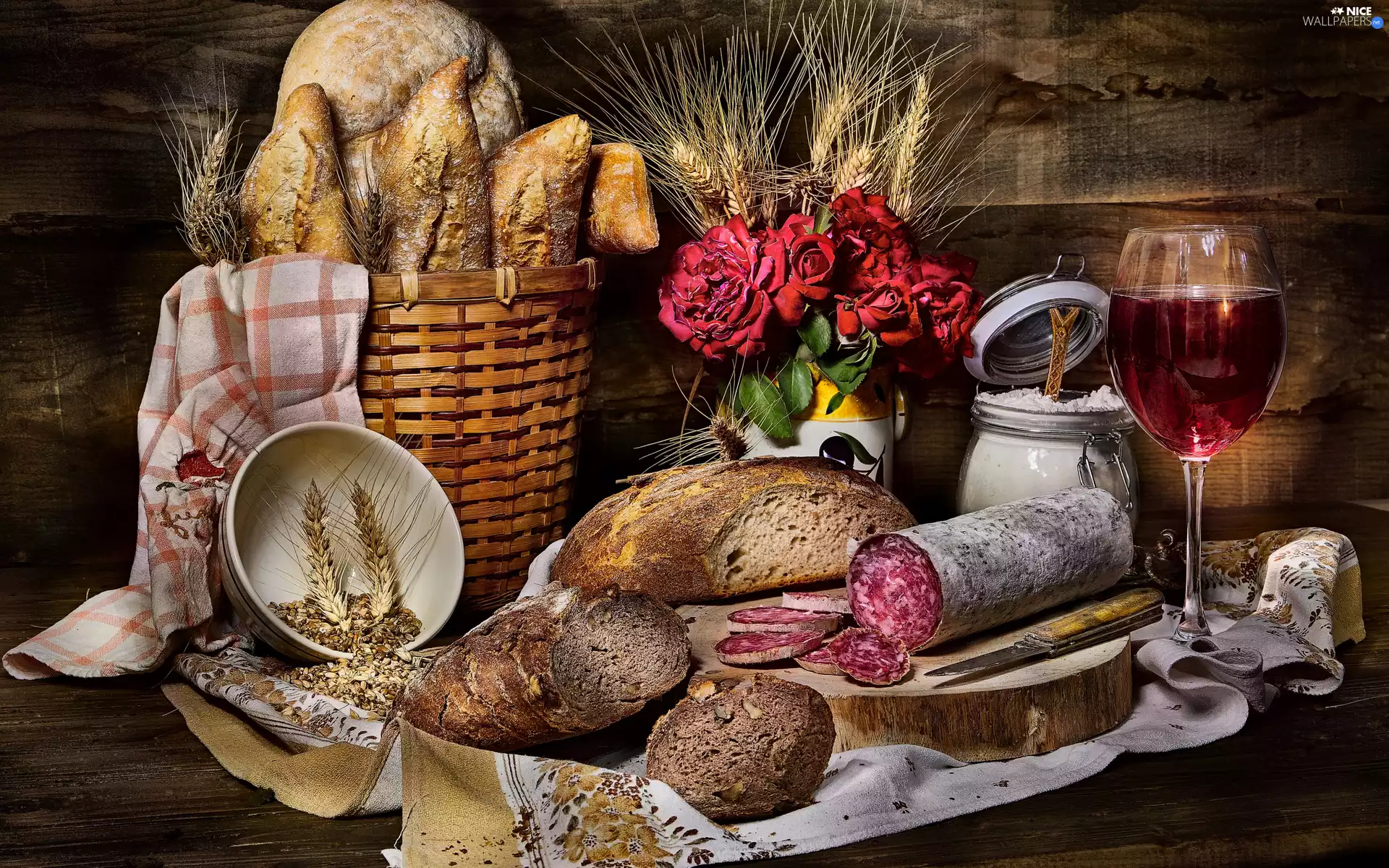 glass, bread, sausage, knife, Wine, bread, Ears, roses, board, basket