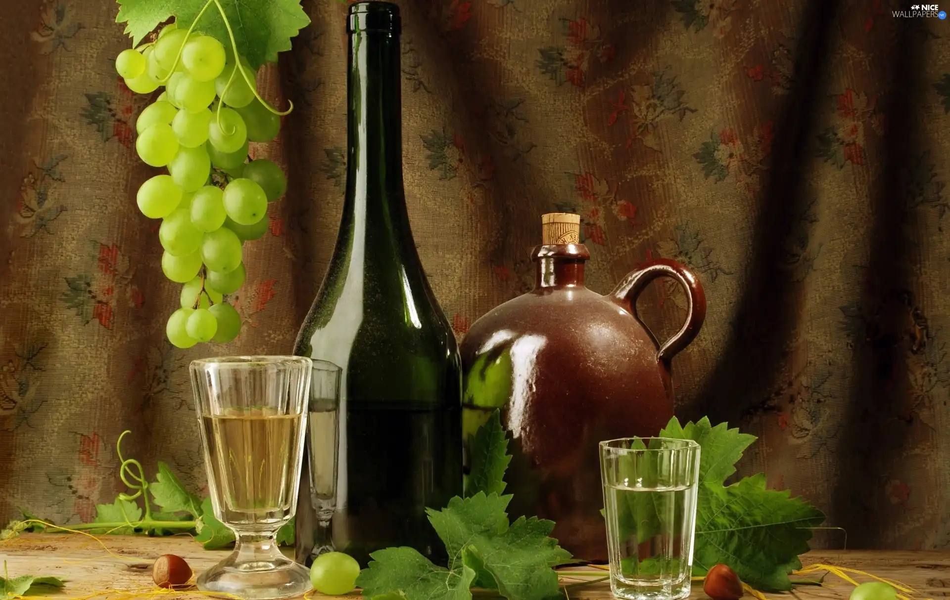 Grapes, Wine, glass, Bottles