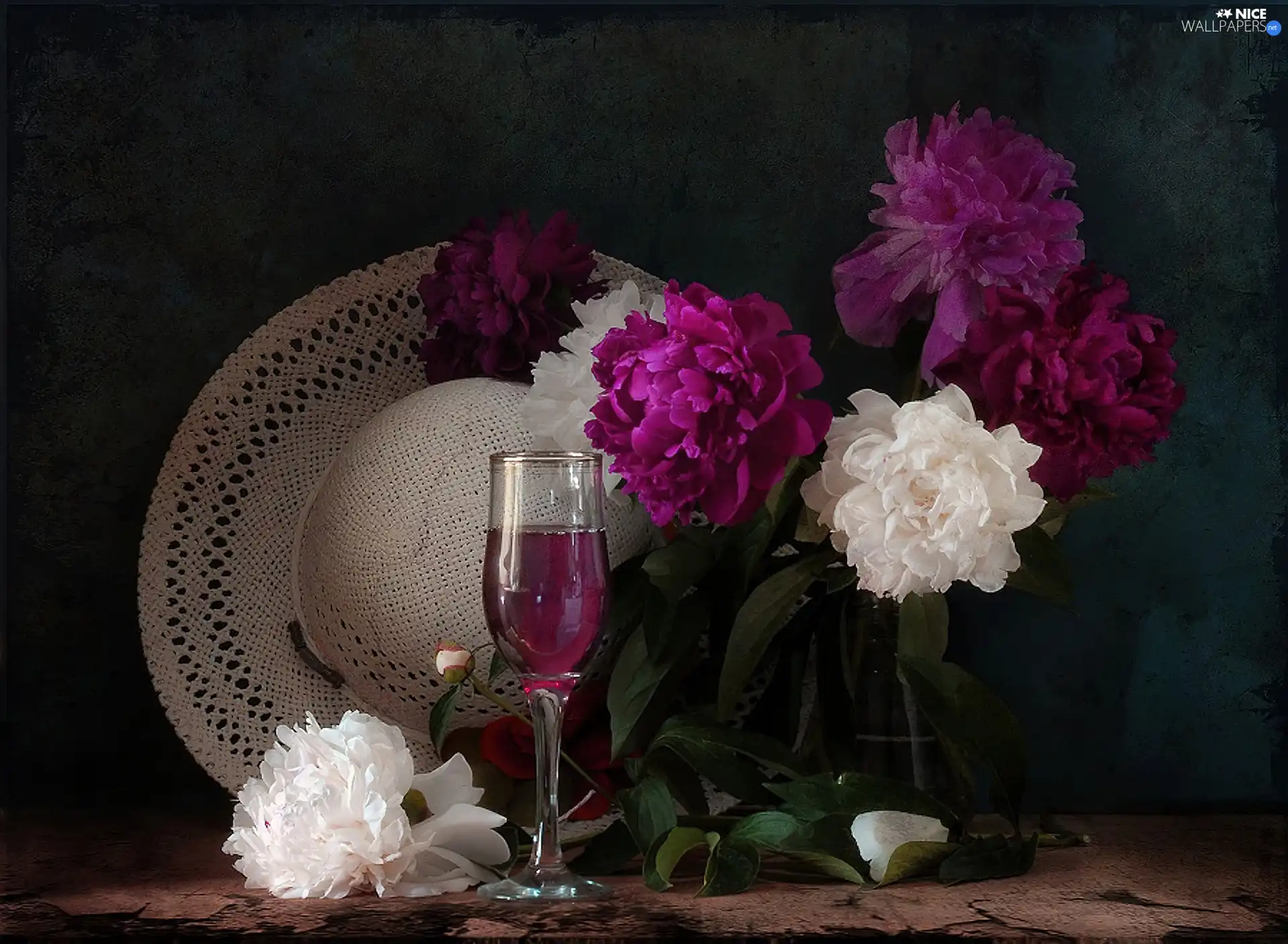 glass, Peonies, Hat