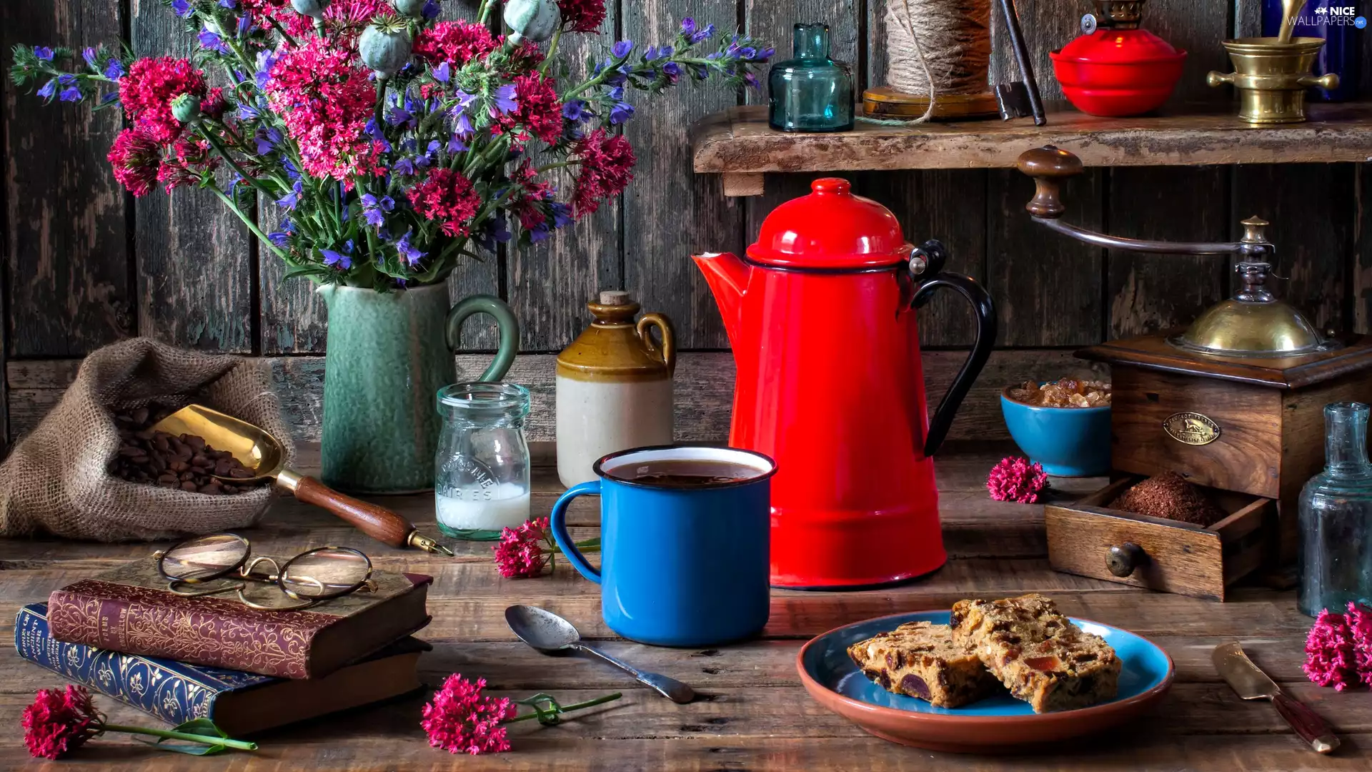 mill, Flowers, cake, Glasses, Jugs, Books