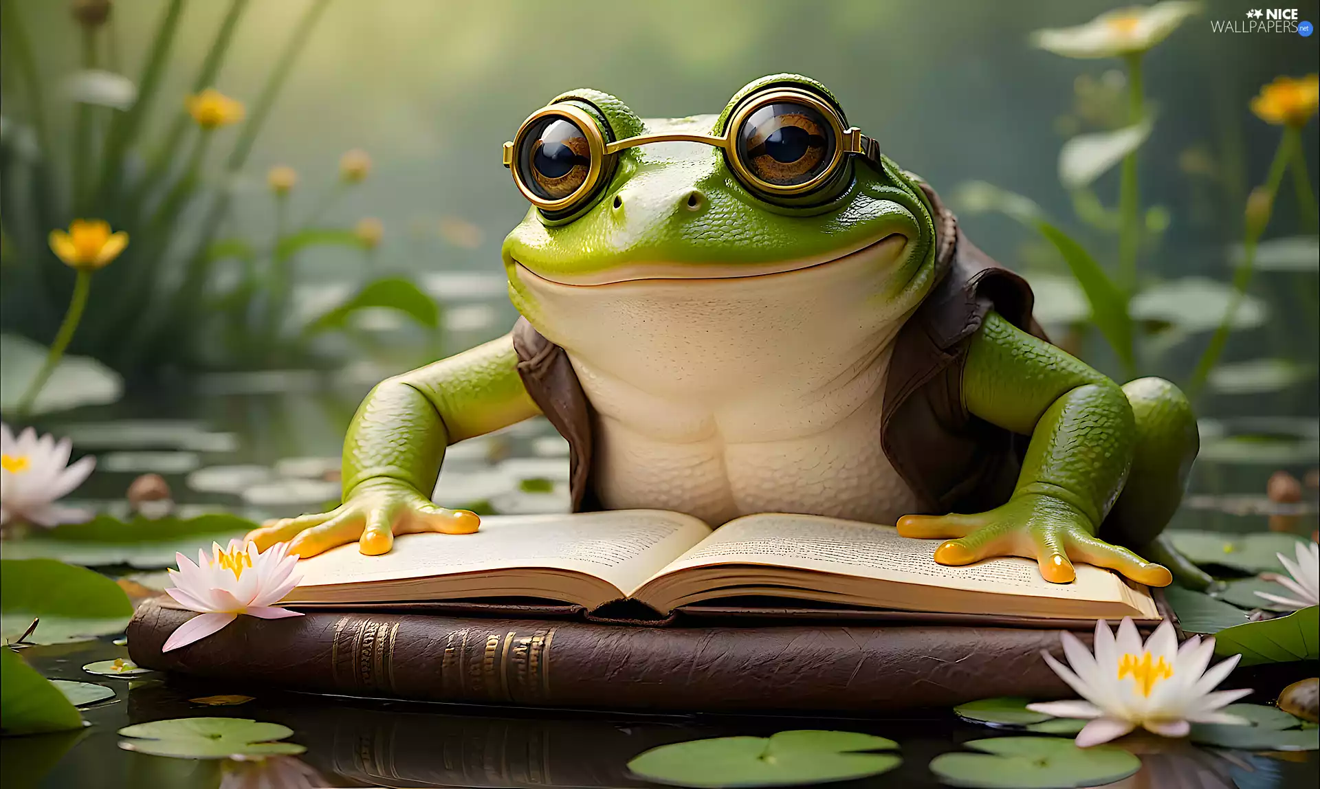 Water lilies, graphics, Glasses, Books, strange frog