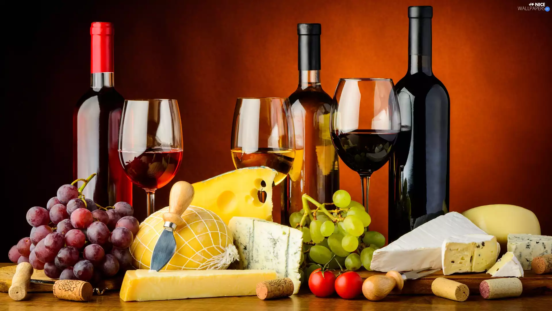 Grapes, Bottles, tomatoes, glasses, Wine, Cheese, boarding