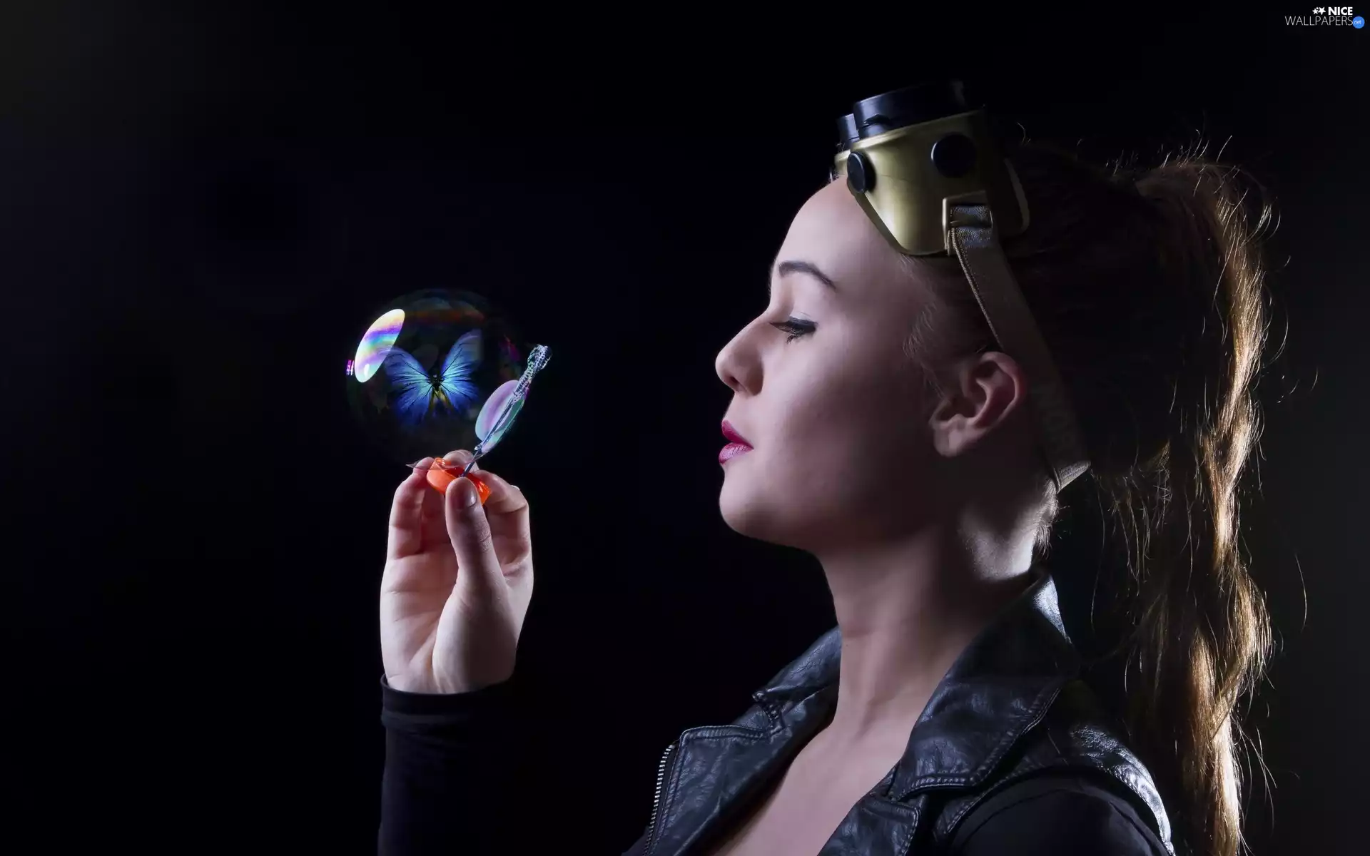 Women, bubble, butterfly, Glasses