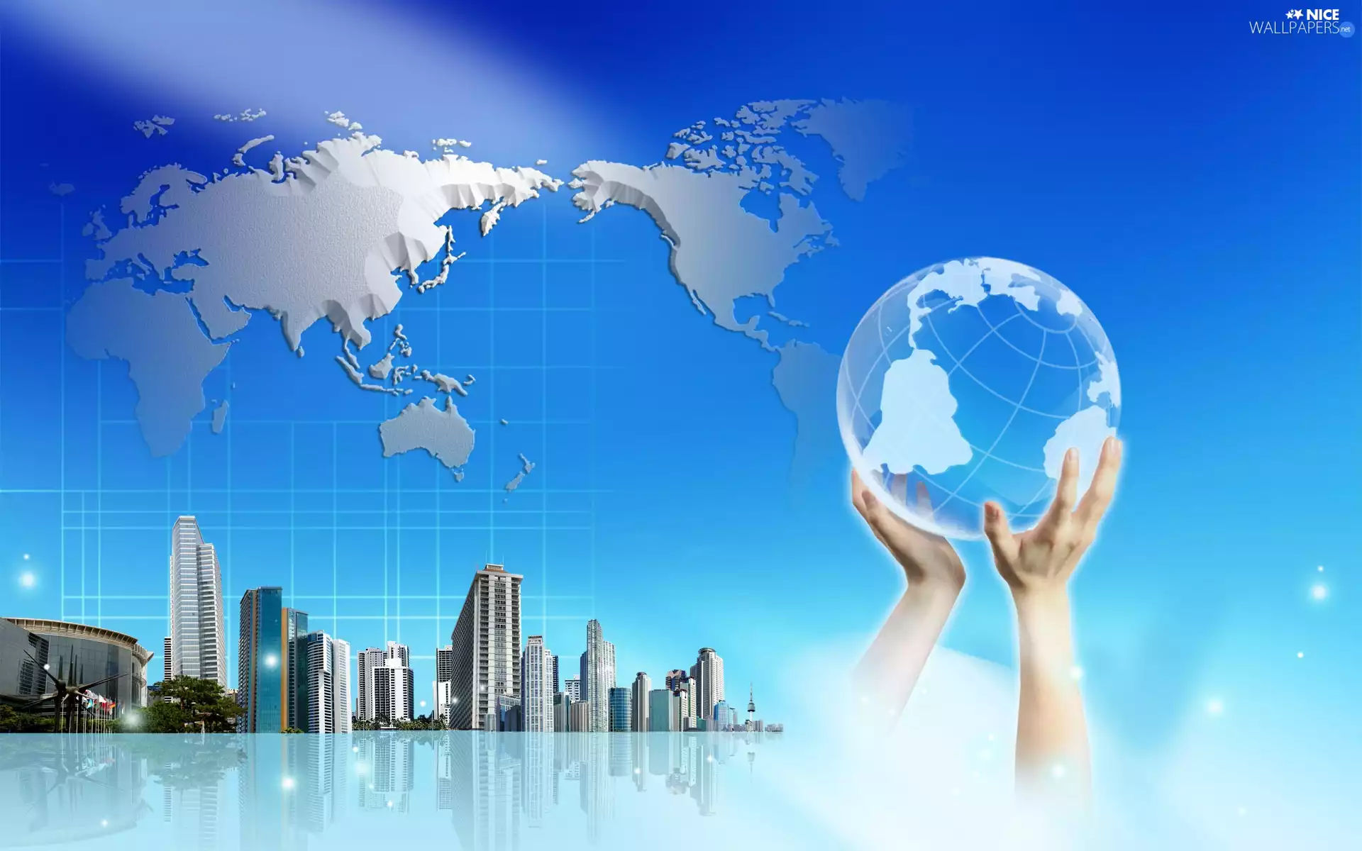 hands, Continents, skyscrapers, globe