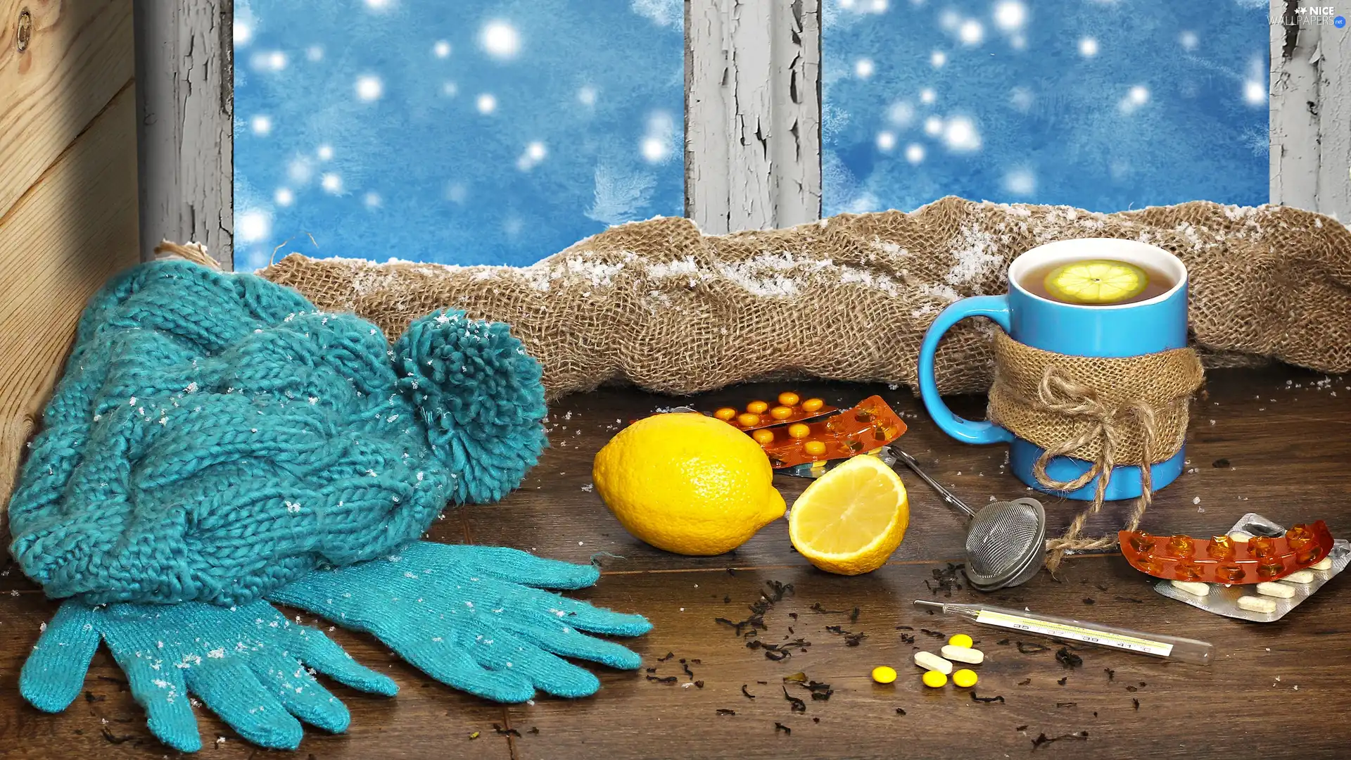 tea, Hat, tablets, Gloves, Window, Lemon, thermometer