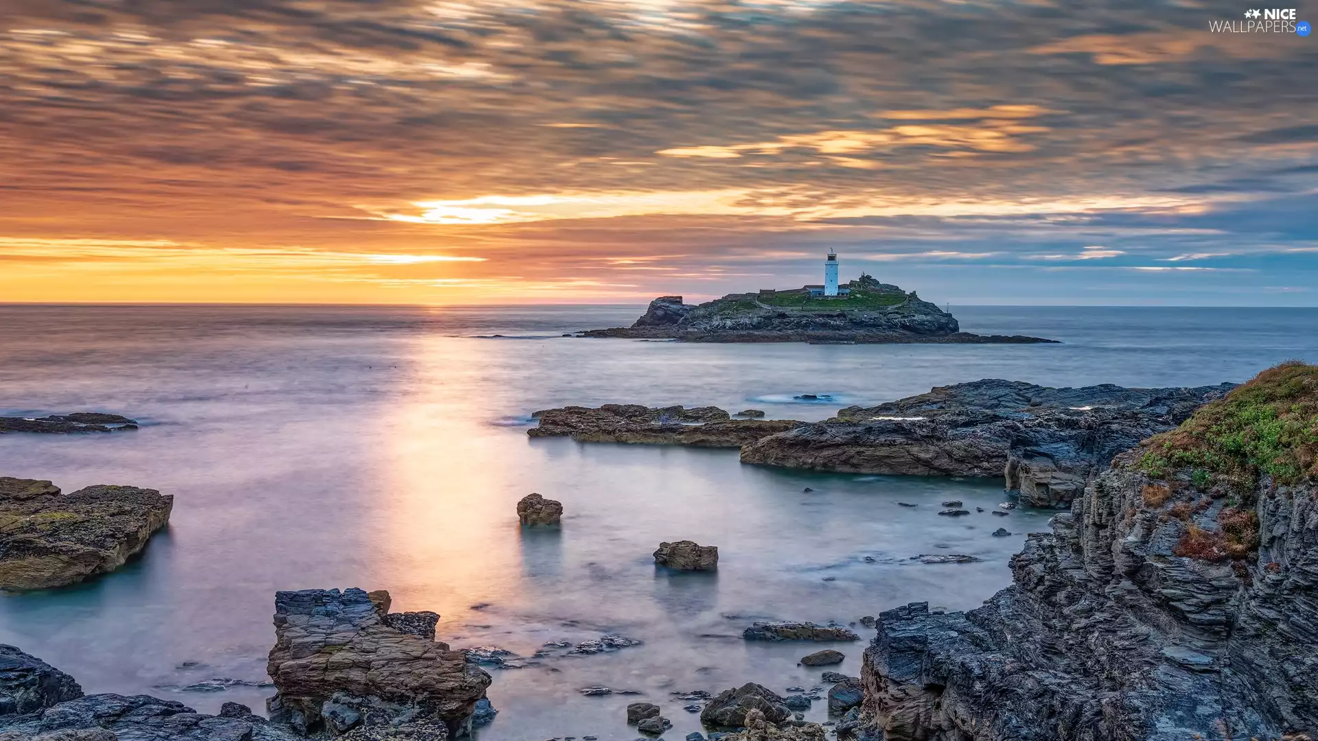 Godrevy Lighthouse, Cornwall, clouds, sea, England, rocks, Great Sunsets