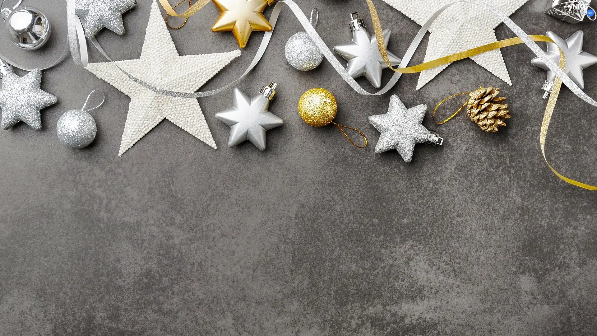 Golden, Christmas, Silver, baubles, dark, background, cone, ribbon, Stars