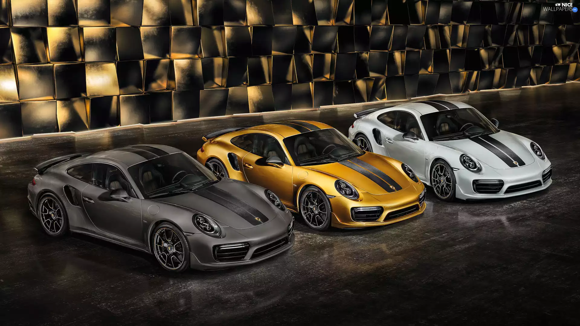 Golden, White, Porsche 911 Turbo S Exclusive, Black, Three