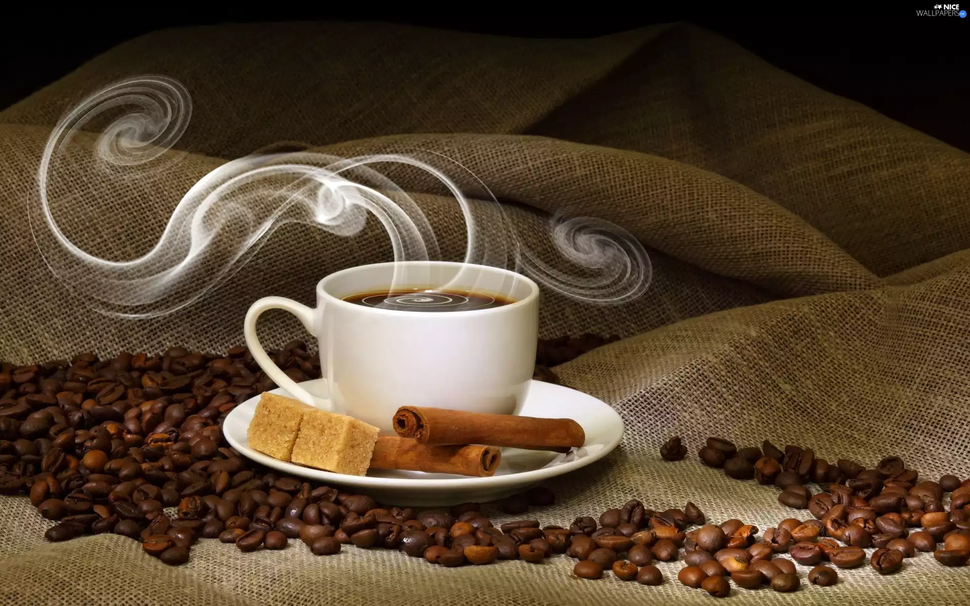 Fumes, cup, cinnamon, grains, sugar, coffee