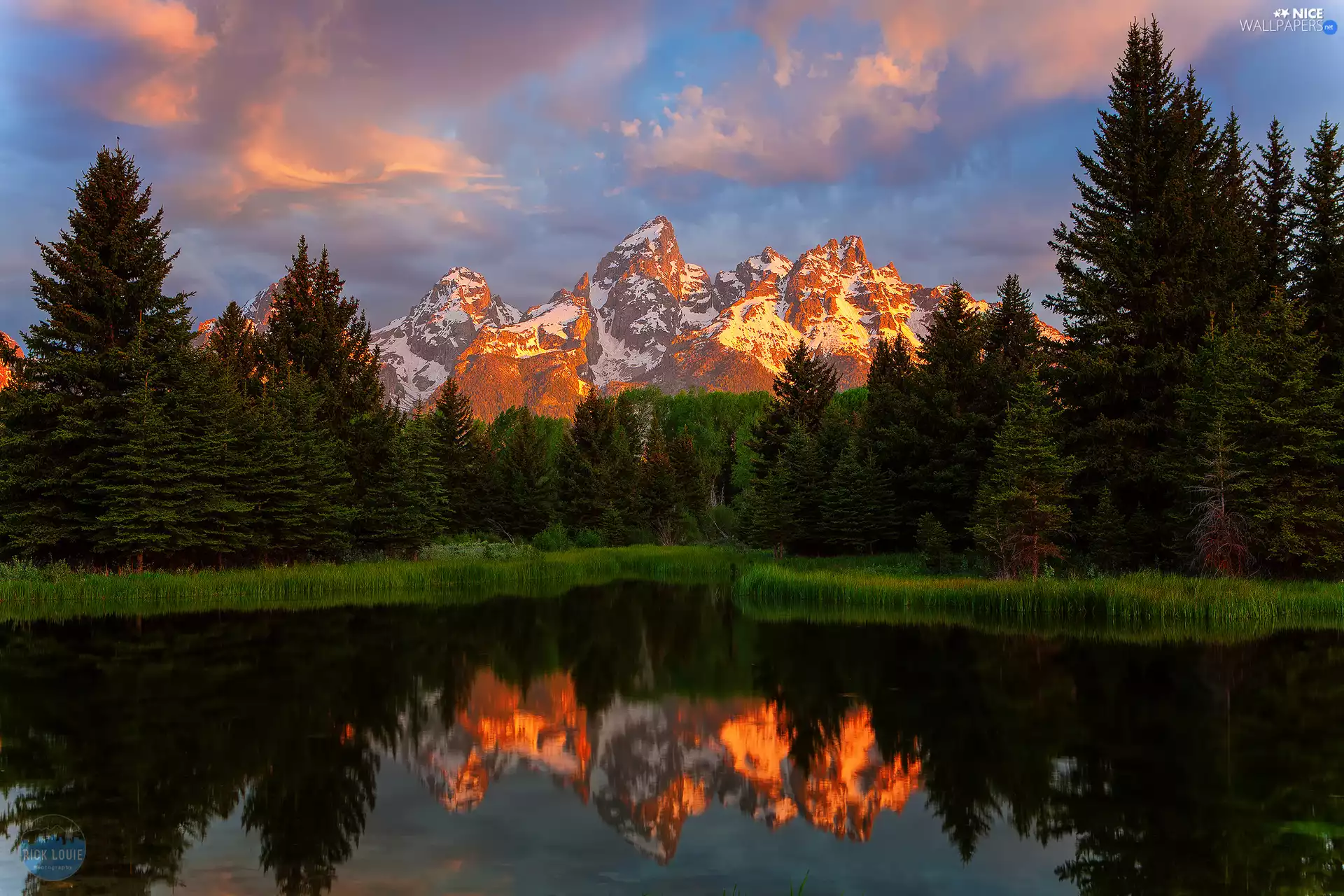State of Wyoming, The United States, Grand Teton National Park, Snake River, viewes, Great Sunsets, reflection, trees, Teton Range Mountains