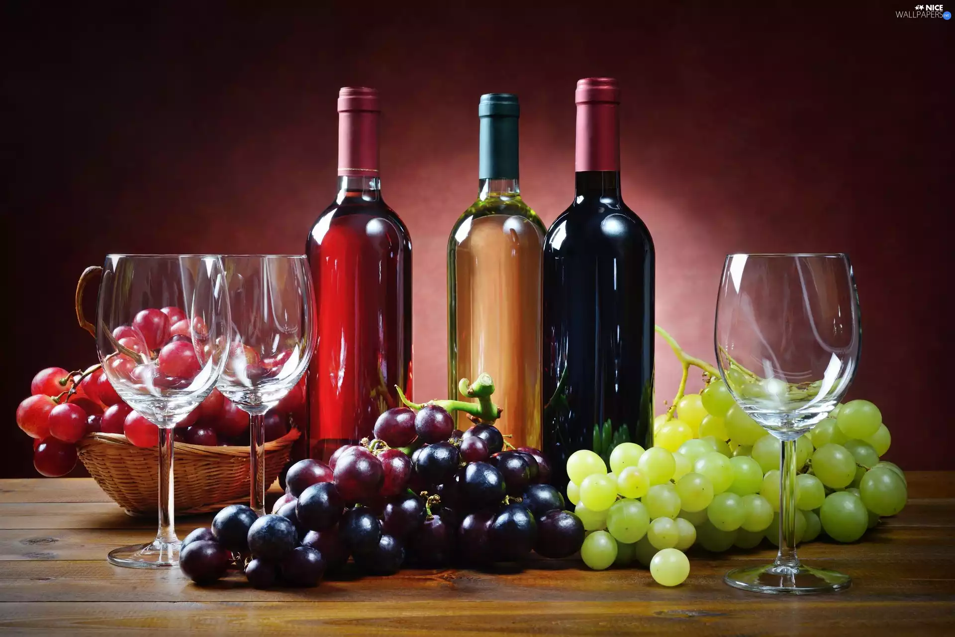 Wines, Three, glasses, Grapes, Three, Bottles