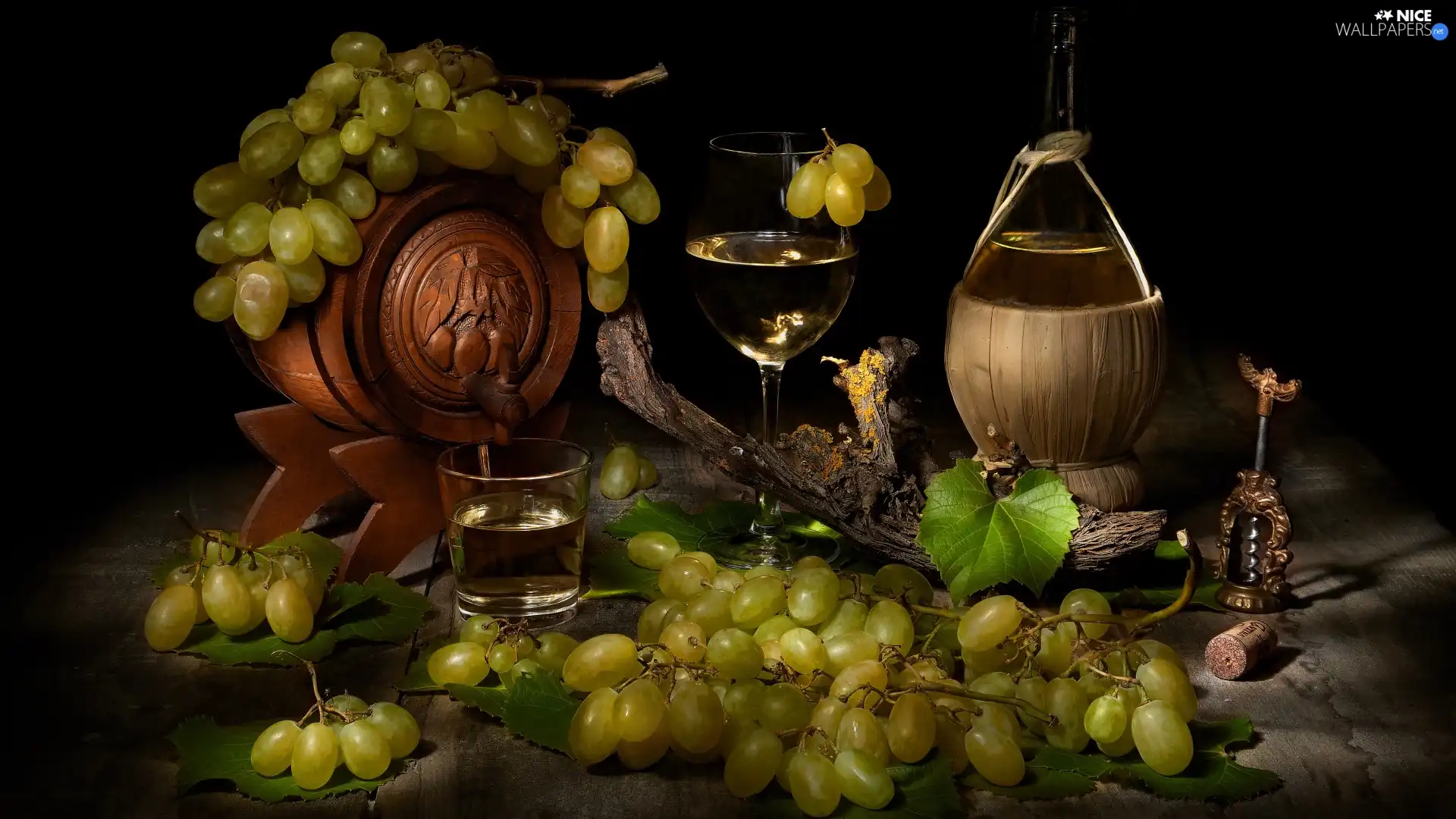 Grapes, Wine, Leaf, glass, barrel, composition, cup, spin, Bottle