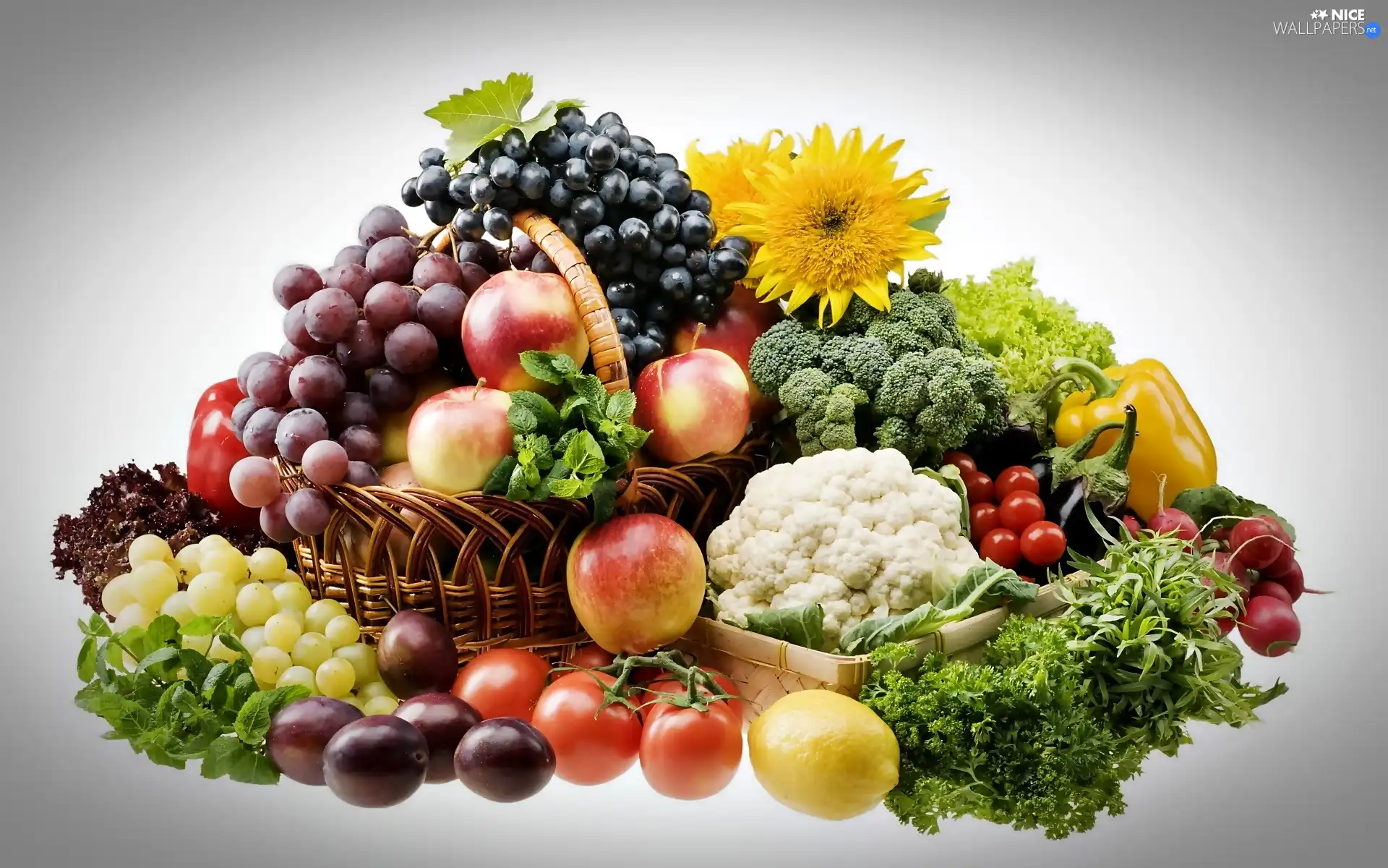 Flowers, Fruits, Grapes, plums, apples, vegetables