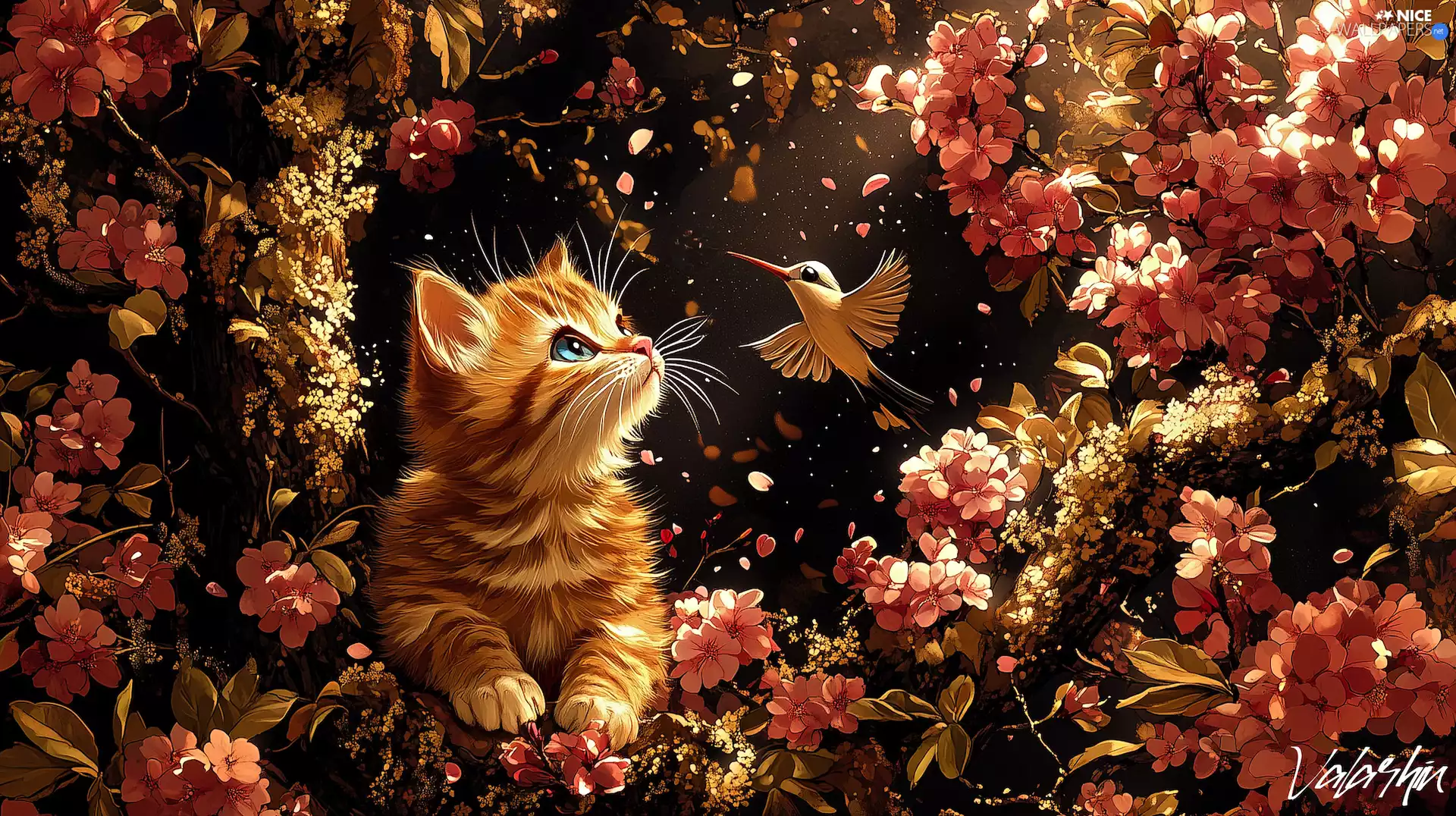 Leaf, graphics, Bird, Flowers, cat
