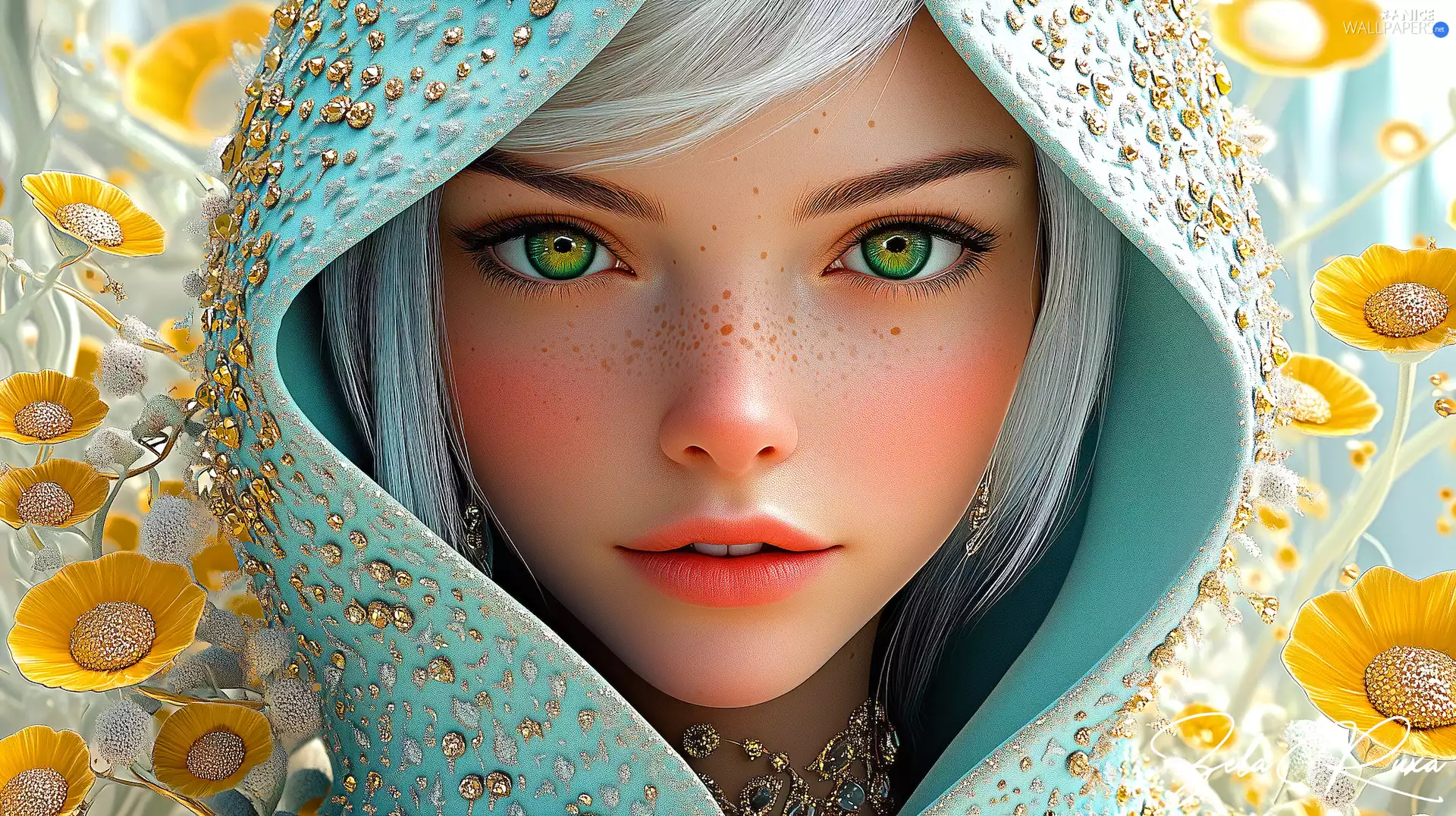 hood, Women, jewellery, graphics, Flowers, Blonde