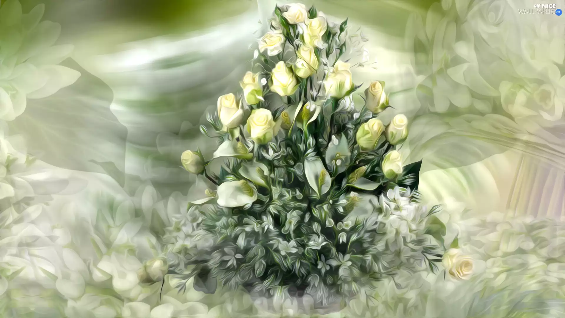 roses, graphics, bouquet, White, Flowers