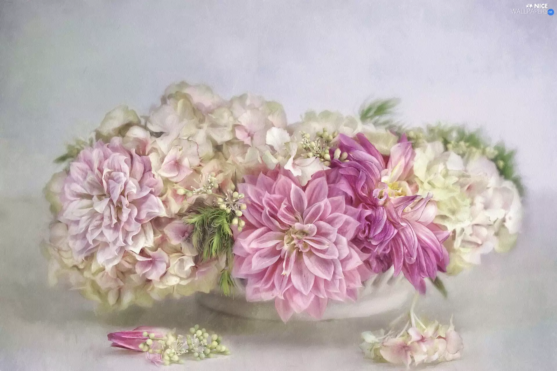 hydrangea, graphics, Flowers, dahlias, bouquet