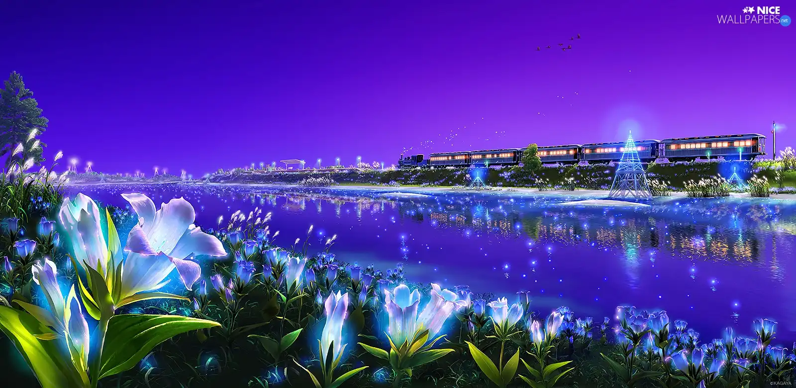 graphics, Kagaya, Flowers, River, The luminous