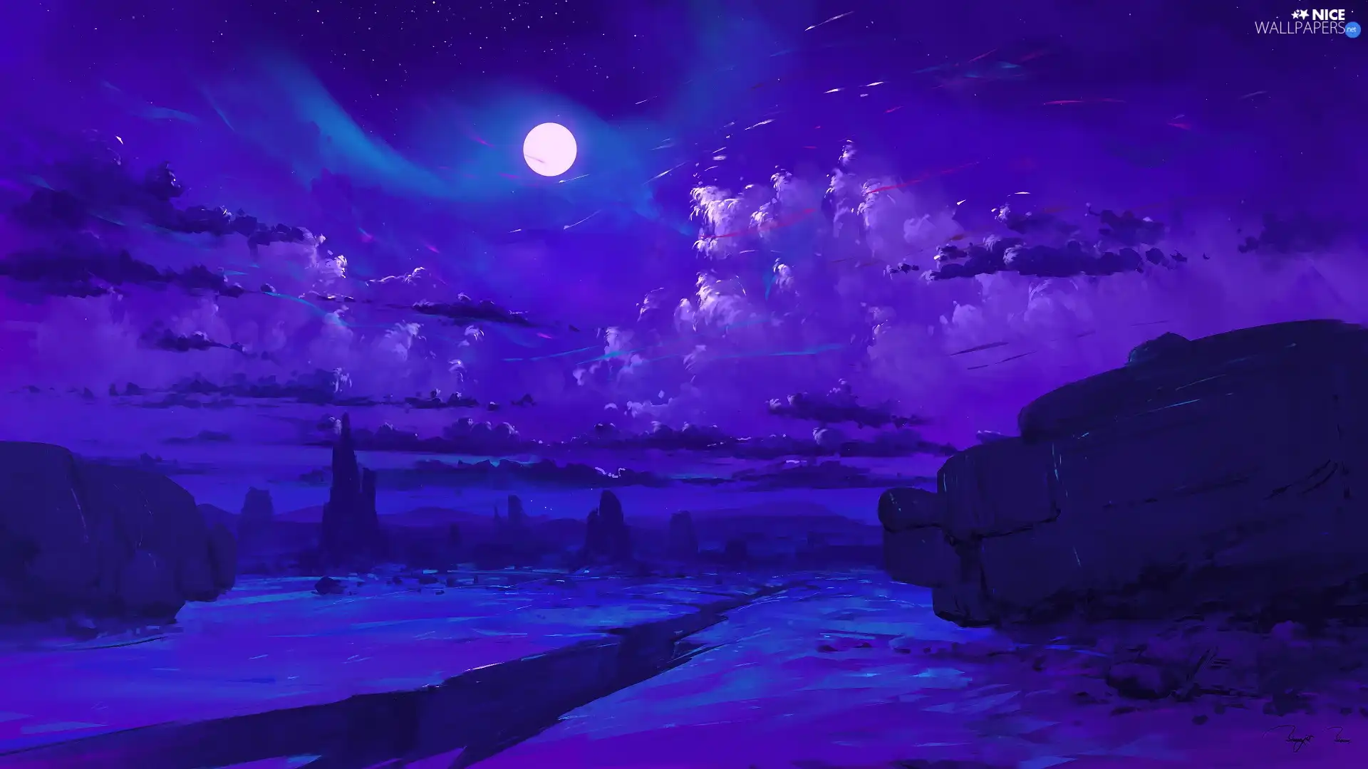 rocks, graphics, moon, clouds, Night
