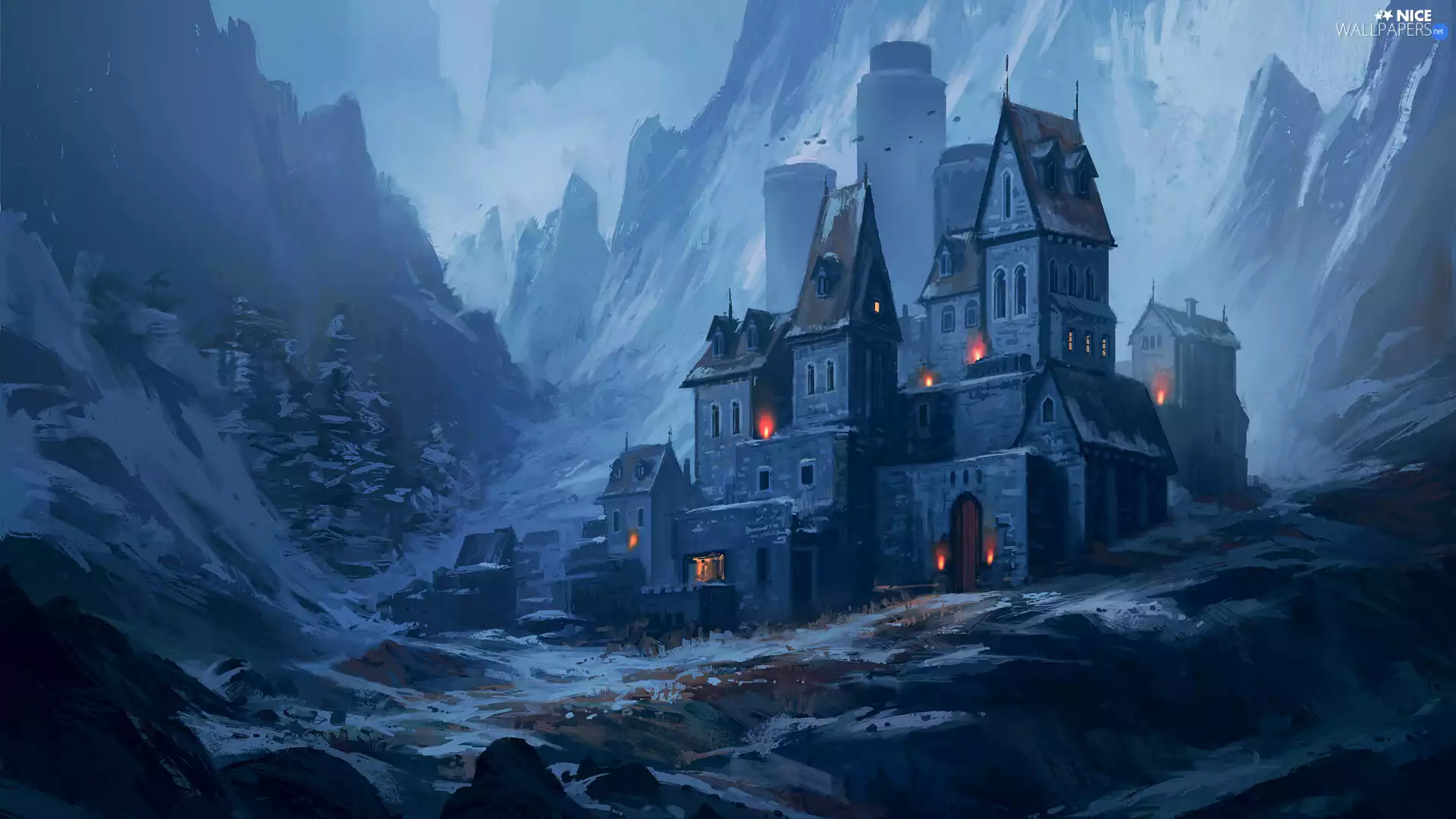 Castle, graphics, peaks, Buldings, Mountains