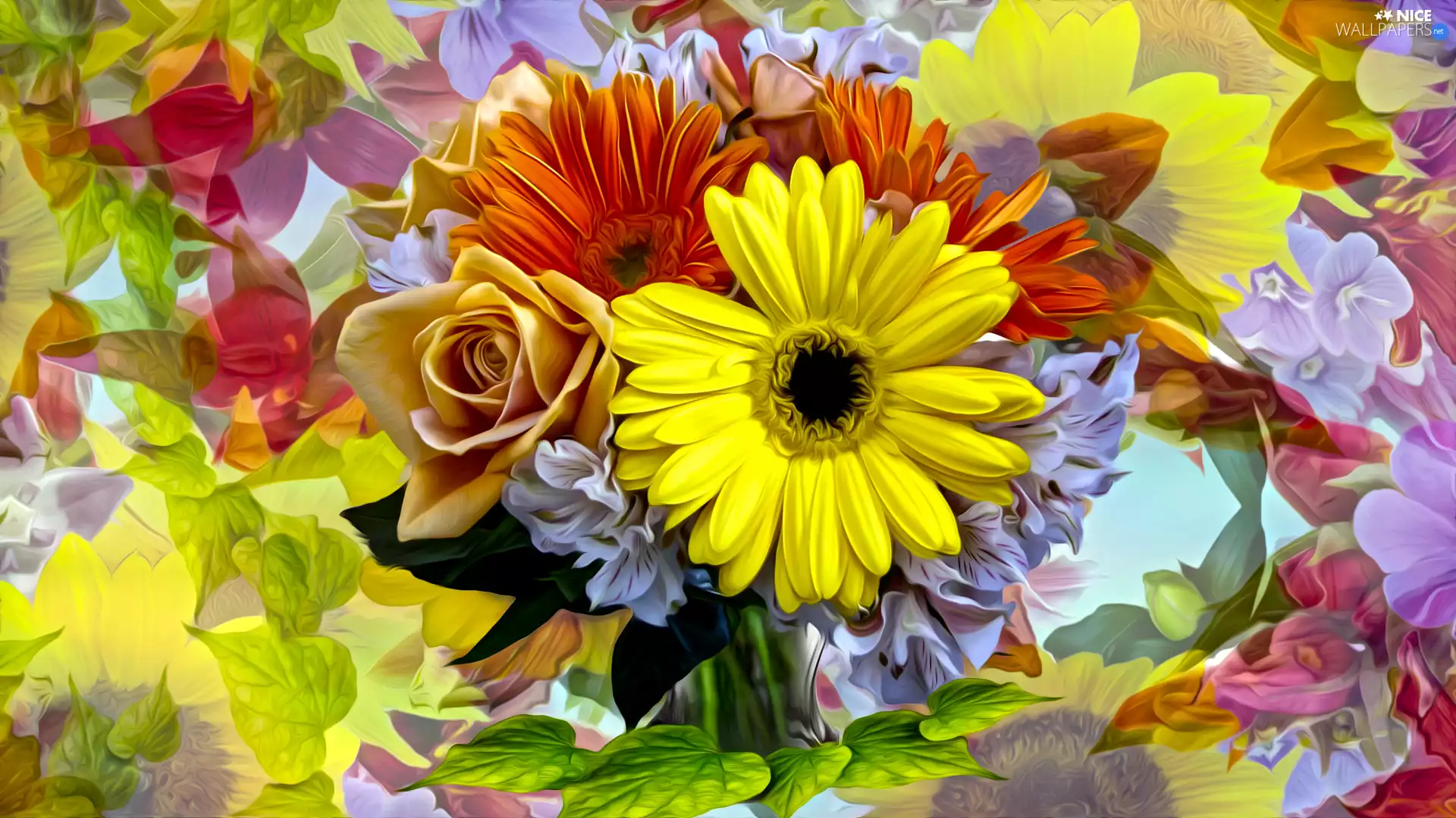 Leaf, graphics, roses, gerberas, Flowers