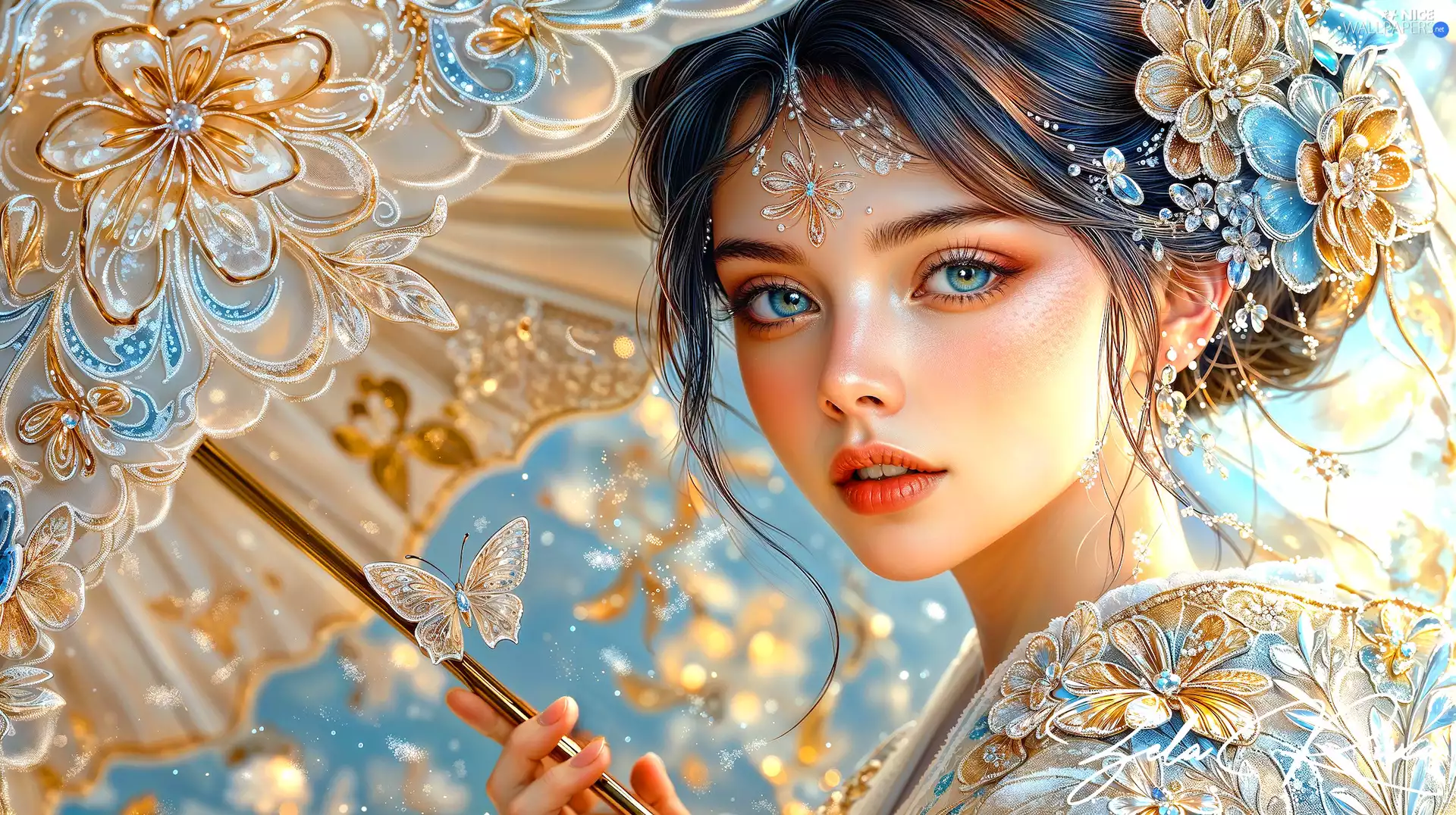 butterflies, graphics, umbrella, Flowers, Women