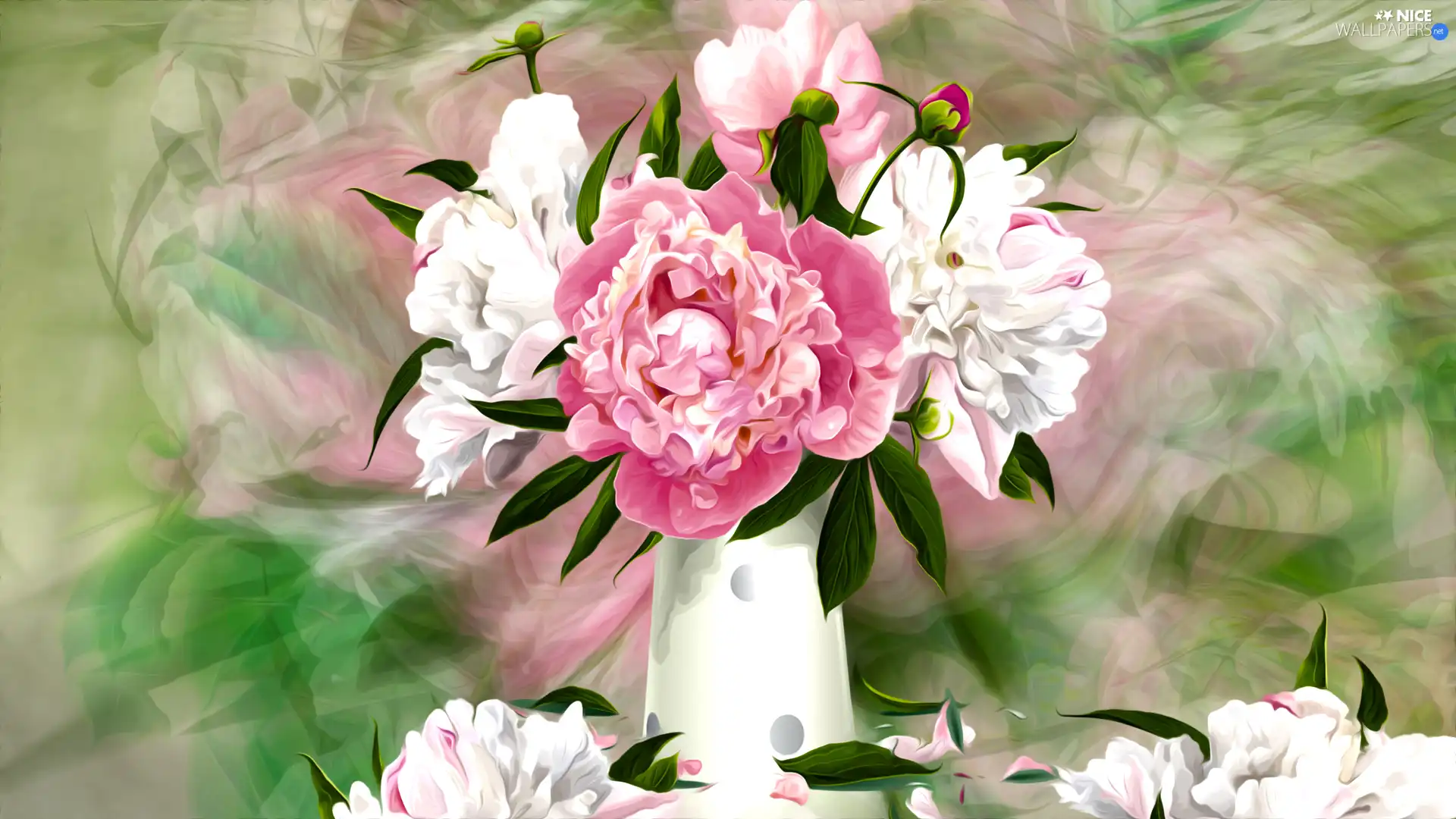Peonies, graphics, Vase, bouquet, Flowers