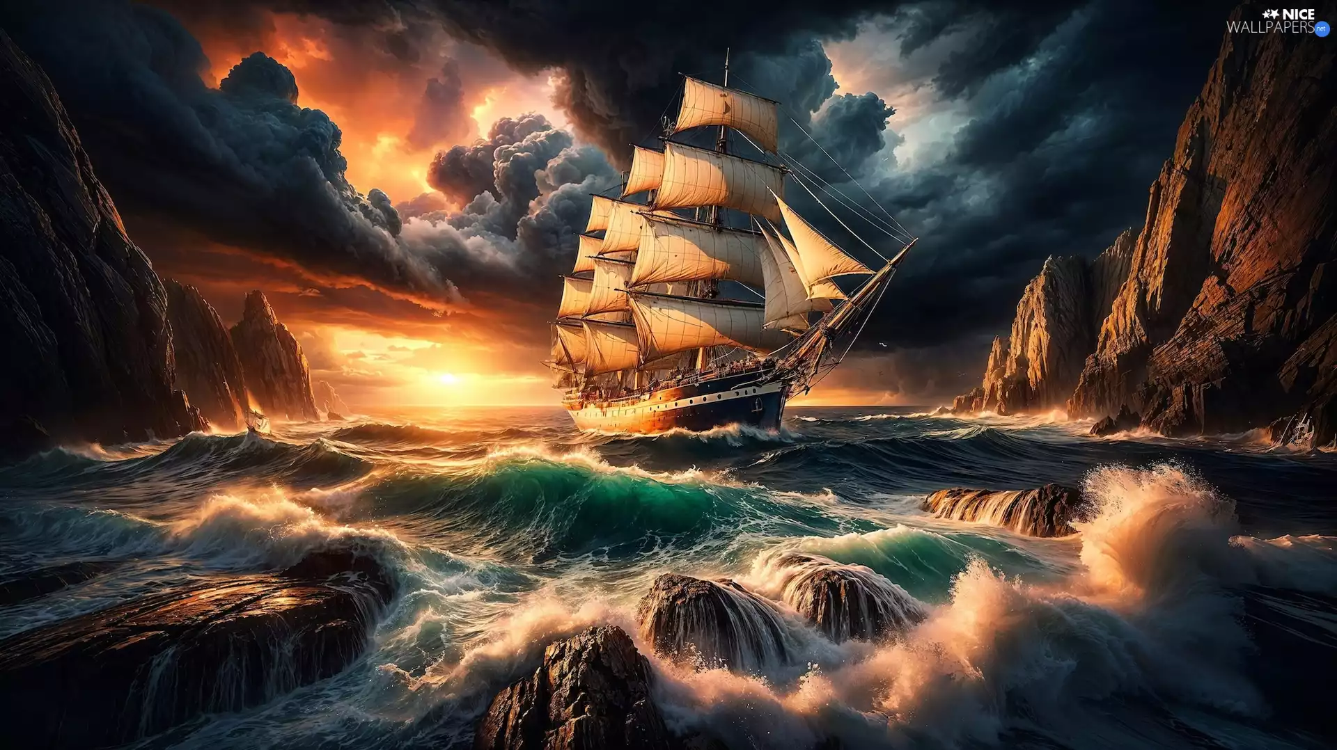 Mountains, sailing vessel, clouds, rocks, sea, dark, graphics