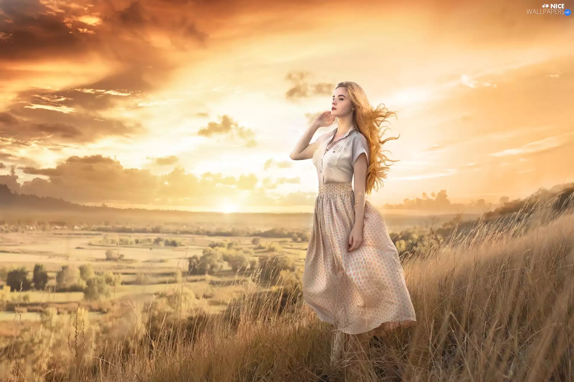 Skirt, grass, Blonde, long, girl