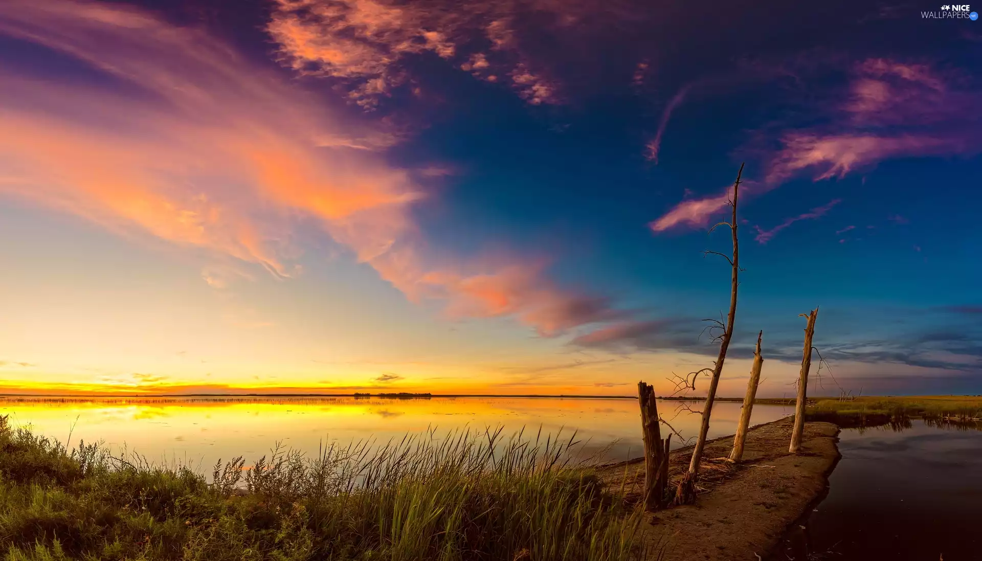 clouds, grass, east, sun, lake