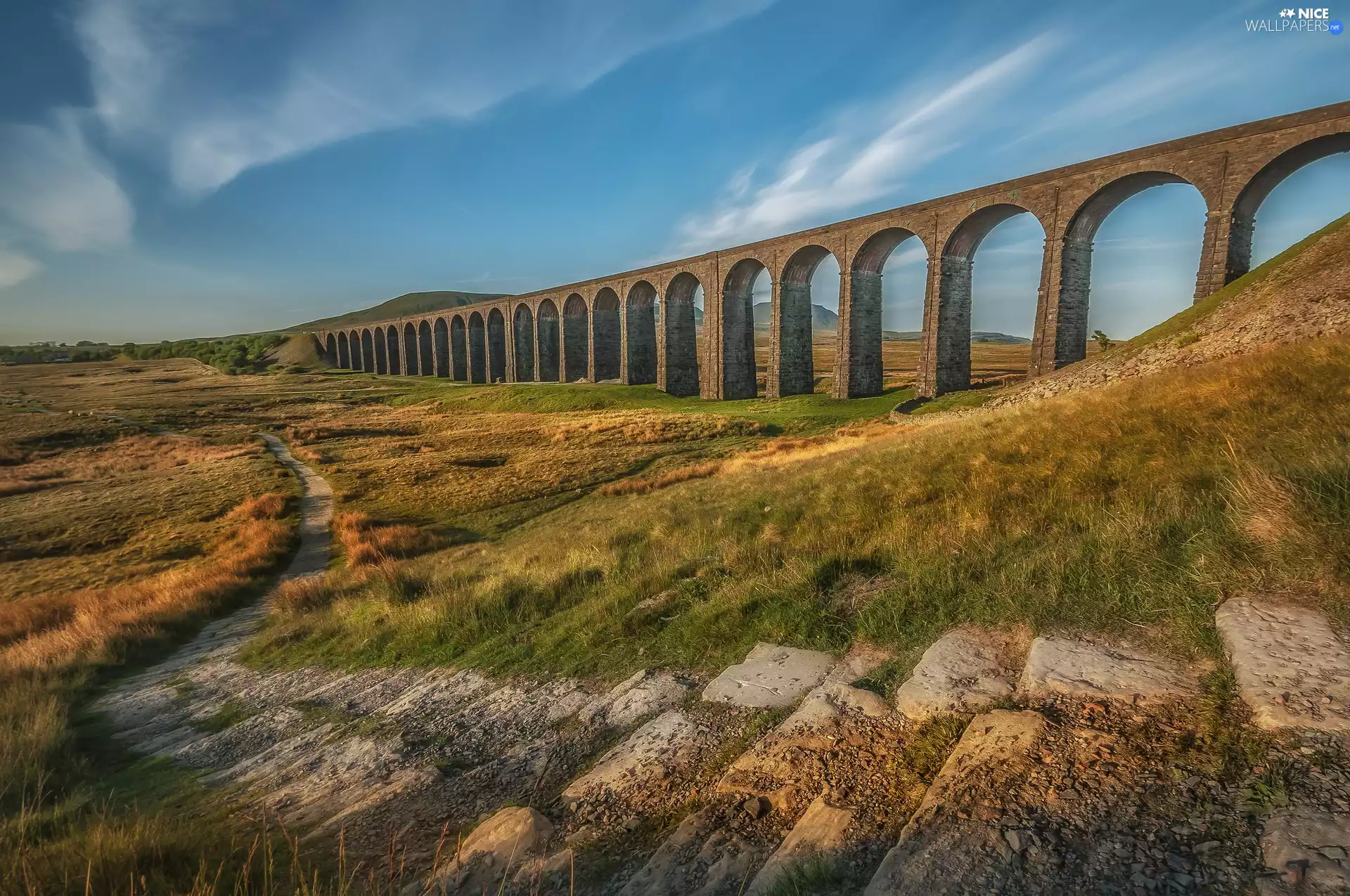 bridge, Yorkshire, Path, Ribblehead Viaduct, England, Stones, grass