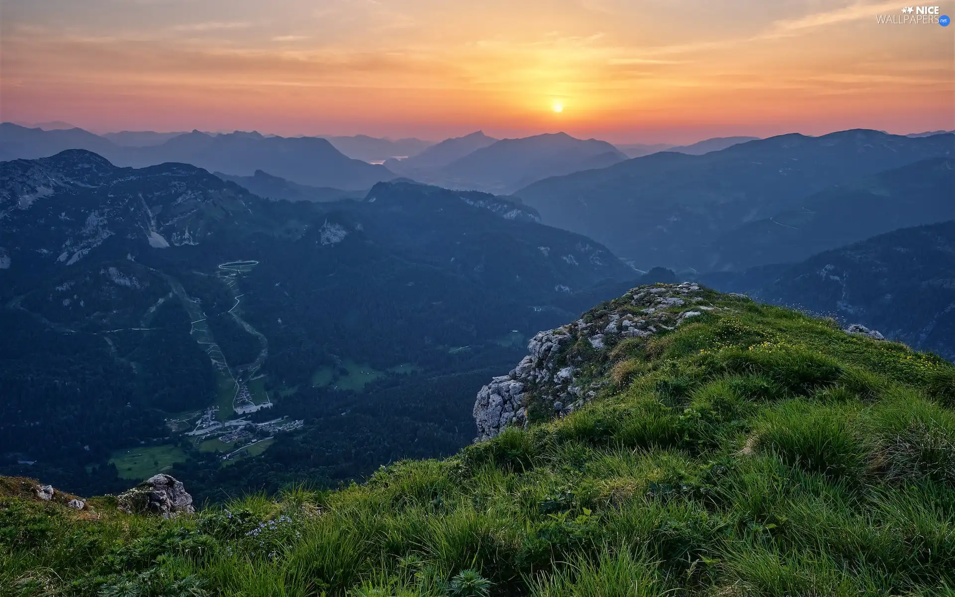 Mountains, grass, rocks, Great Sunsets