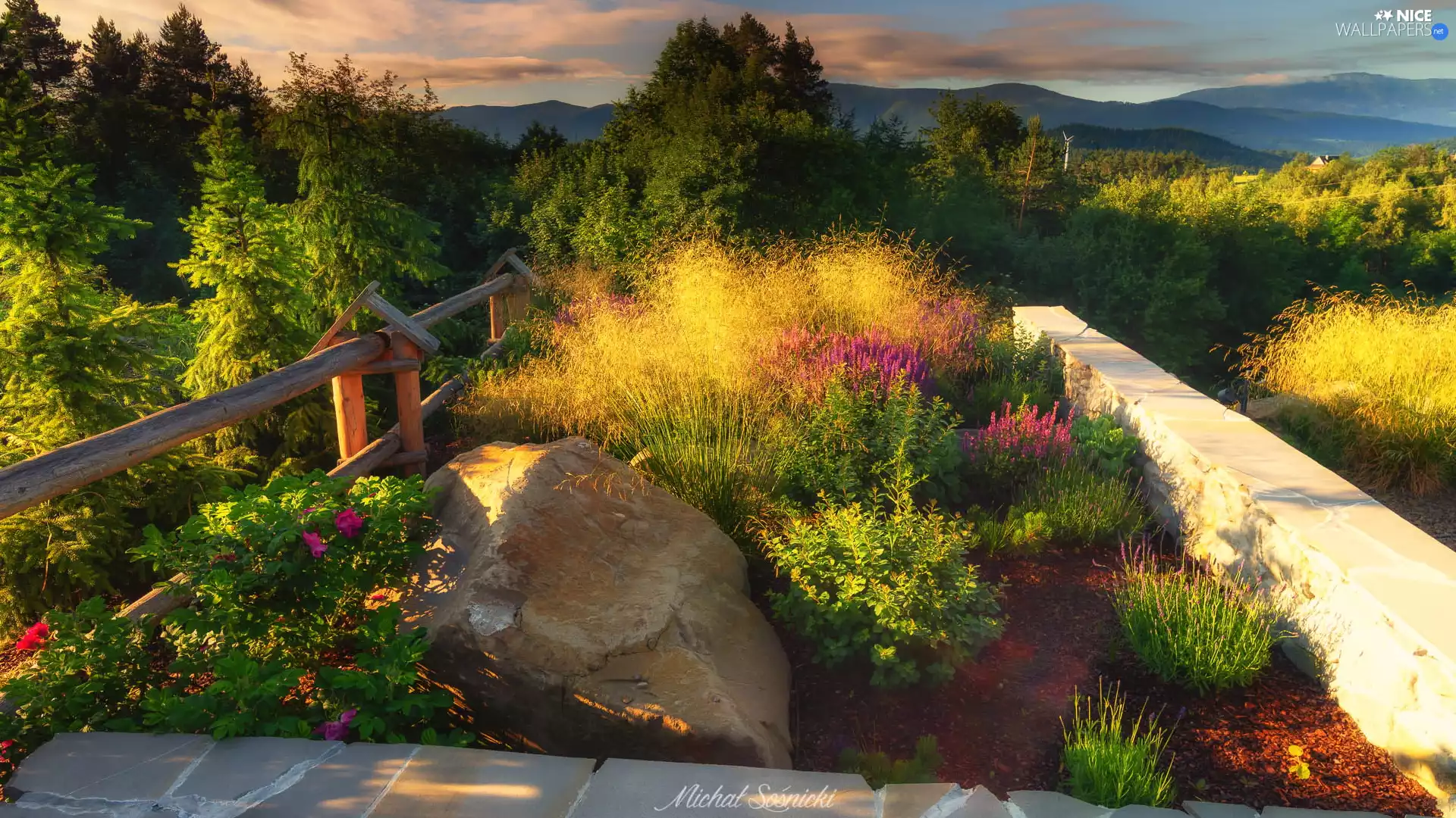 Stone, Briar, viewes, grass, garden, trees, Mountains