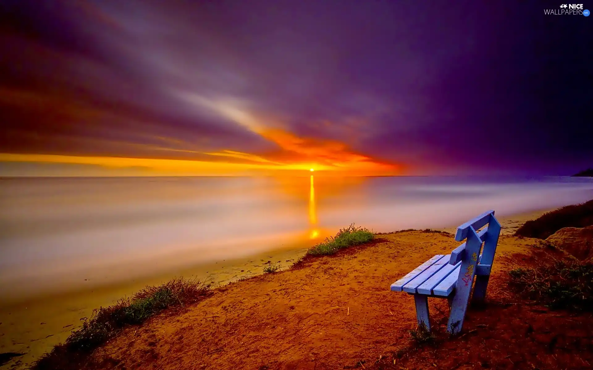 Bench, lake, Great Sunsets