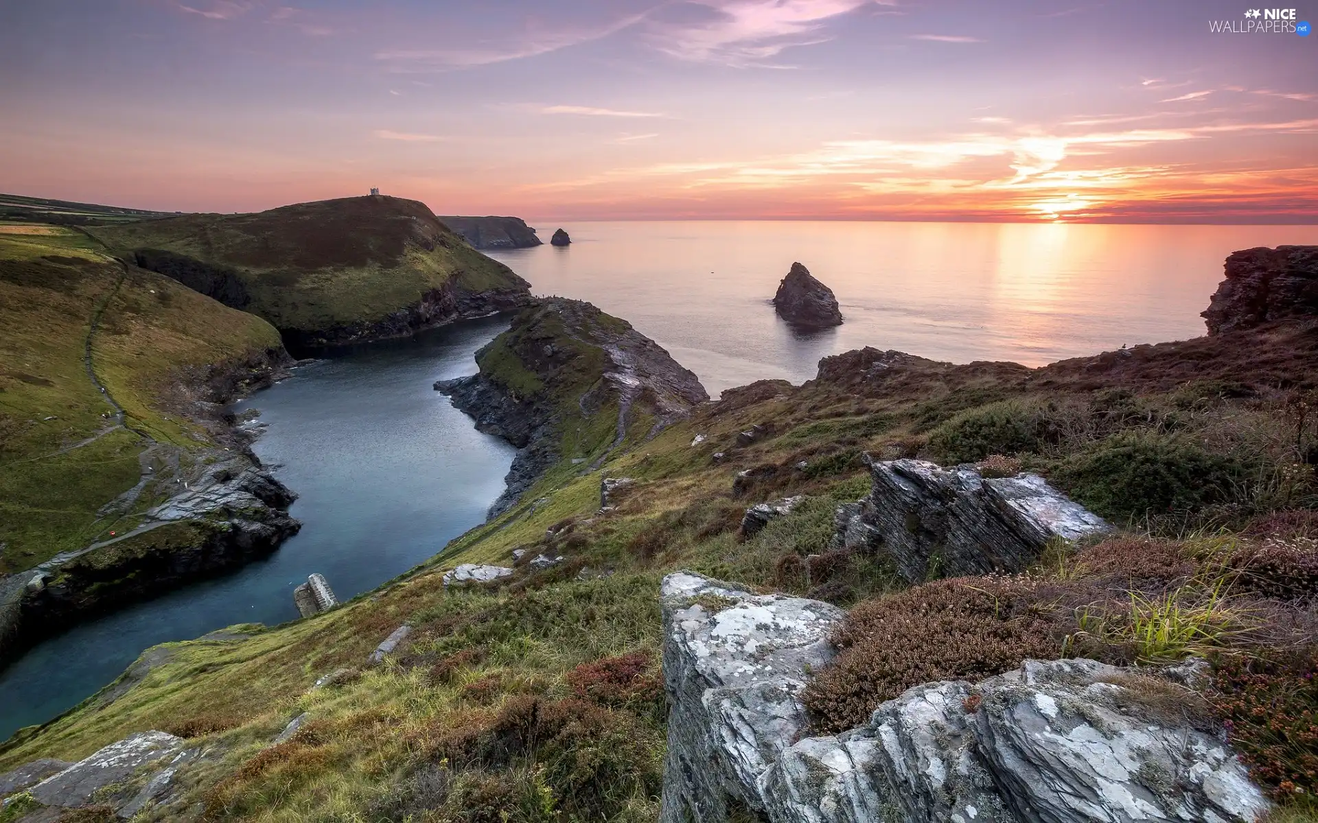 Great Sunsets, Celtic Sea, Cornwall, rocks, Boscastle, VEGETATION, England