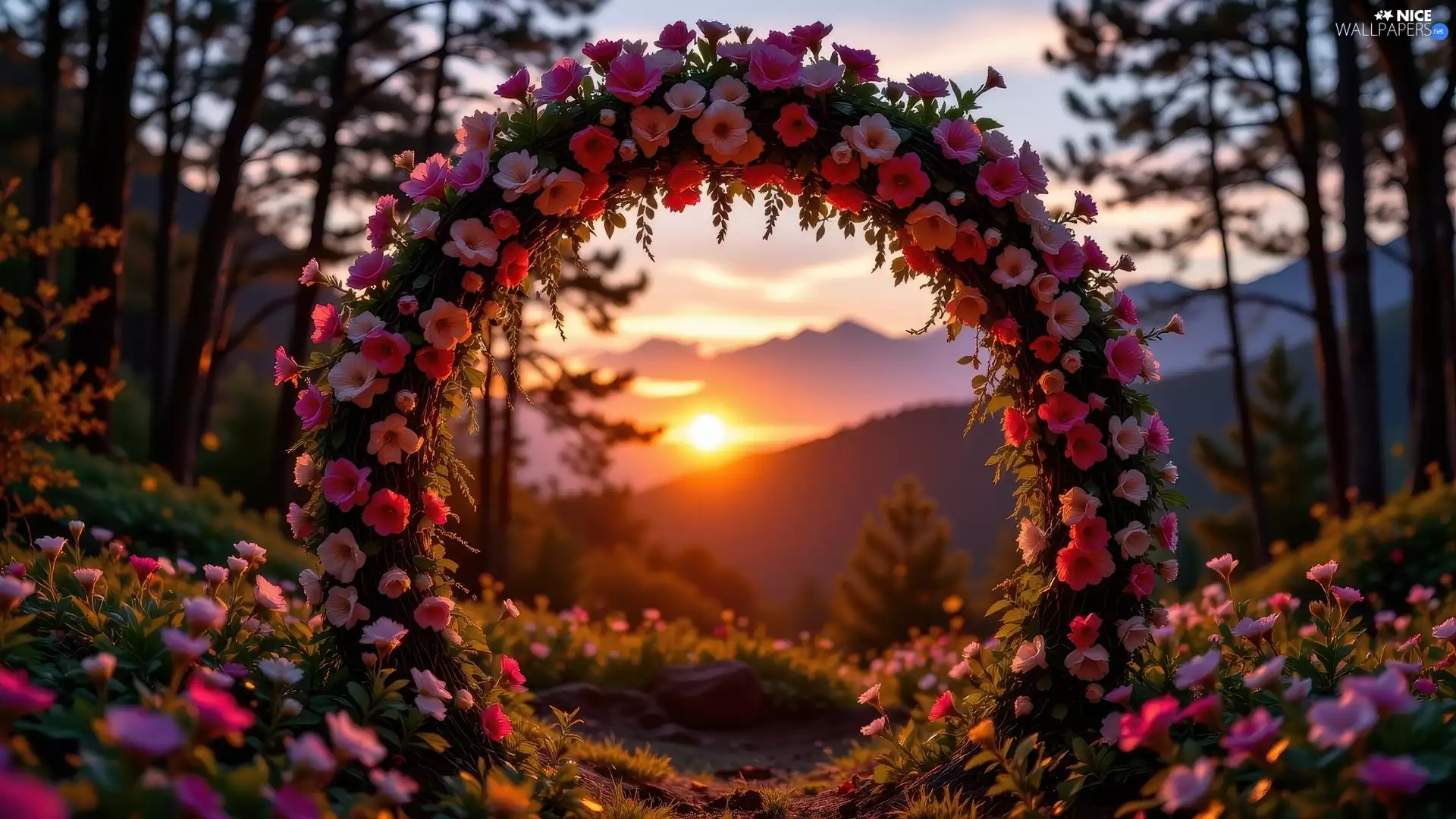Great Sunsets, Mountains, Flowers, trees, color, Bow, floral, viewes